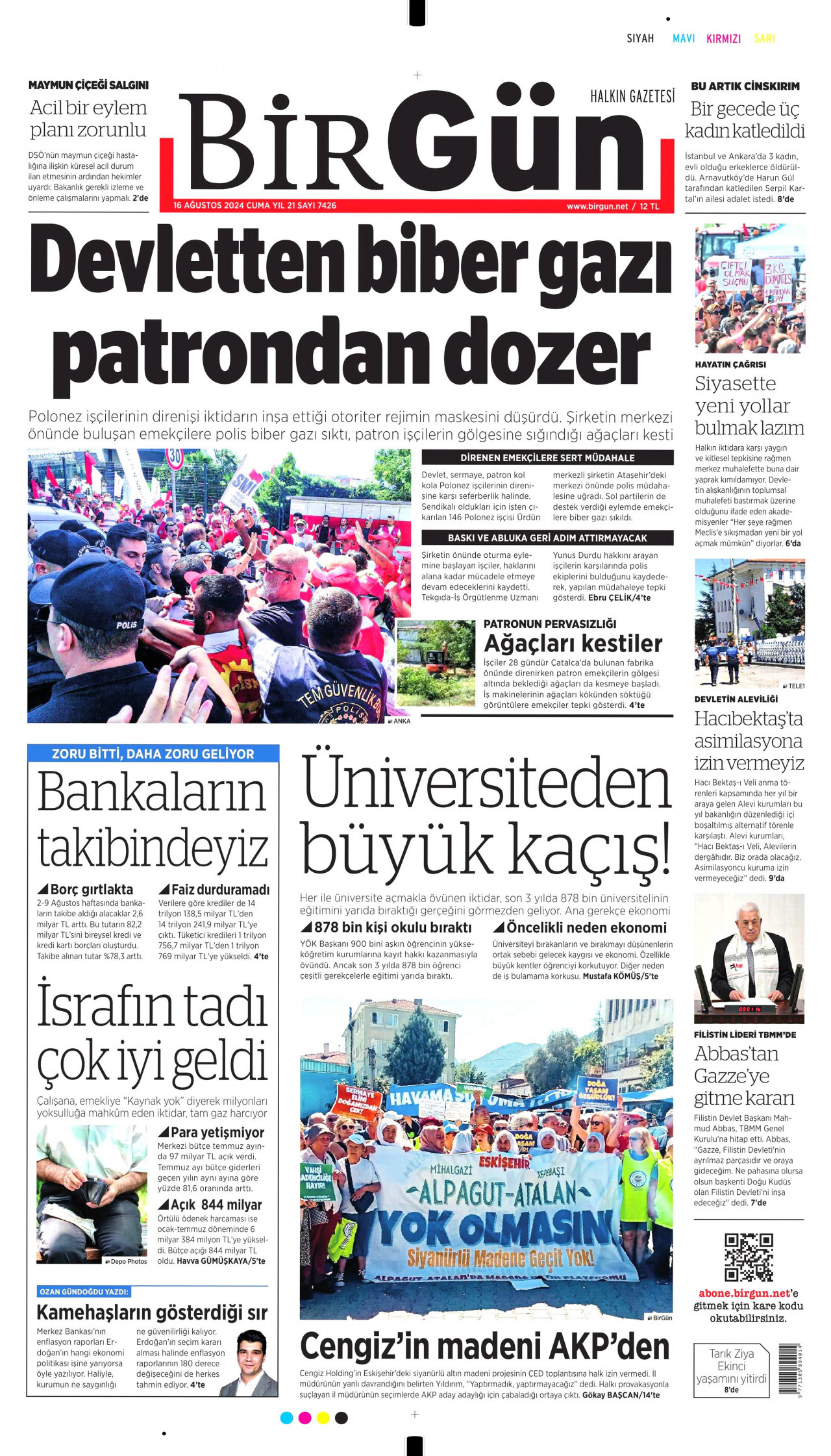 BİRGÜN gazetesinin 16 Ağustos 2024 tarihli birinci sayfası