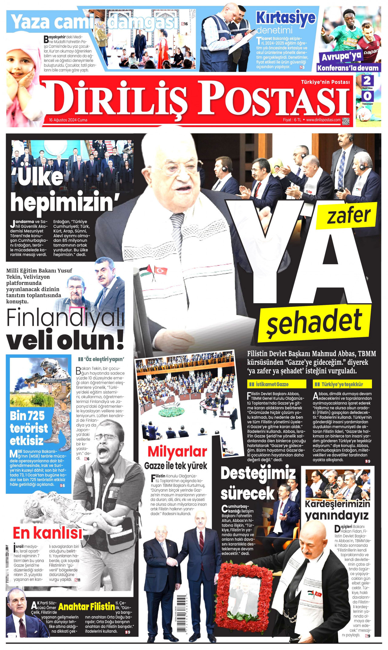 DİRİLİŞ POSTASI gazetesinin 16 Ağustos 2024 tarihli birinci sayfası