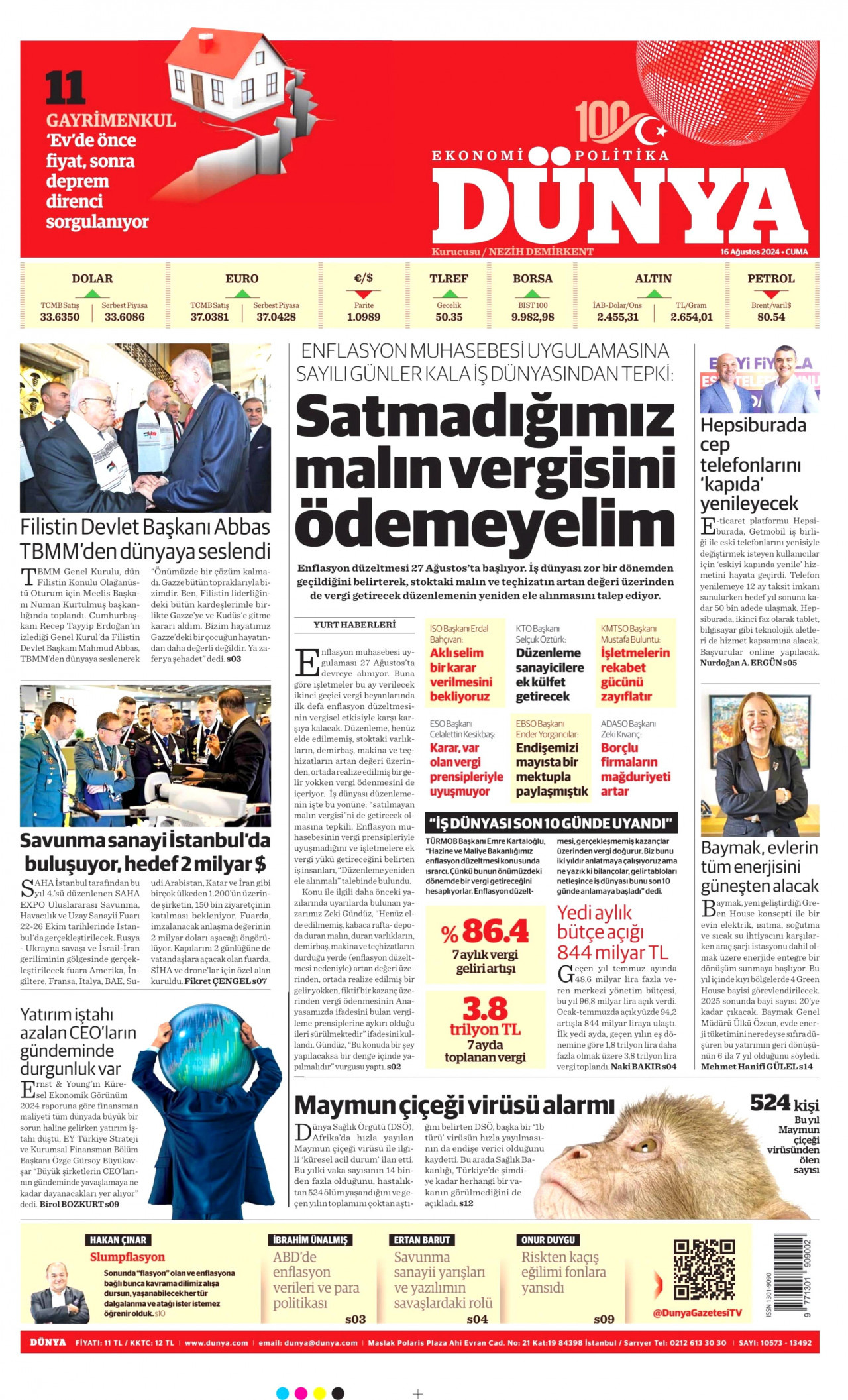 DÜNYA gazetesinin 16 Ağustos 2024 tarihli birinci sayfası