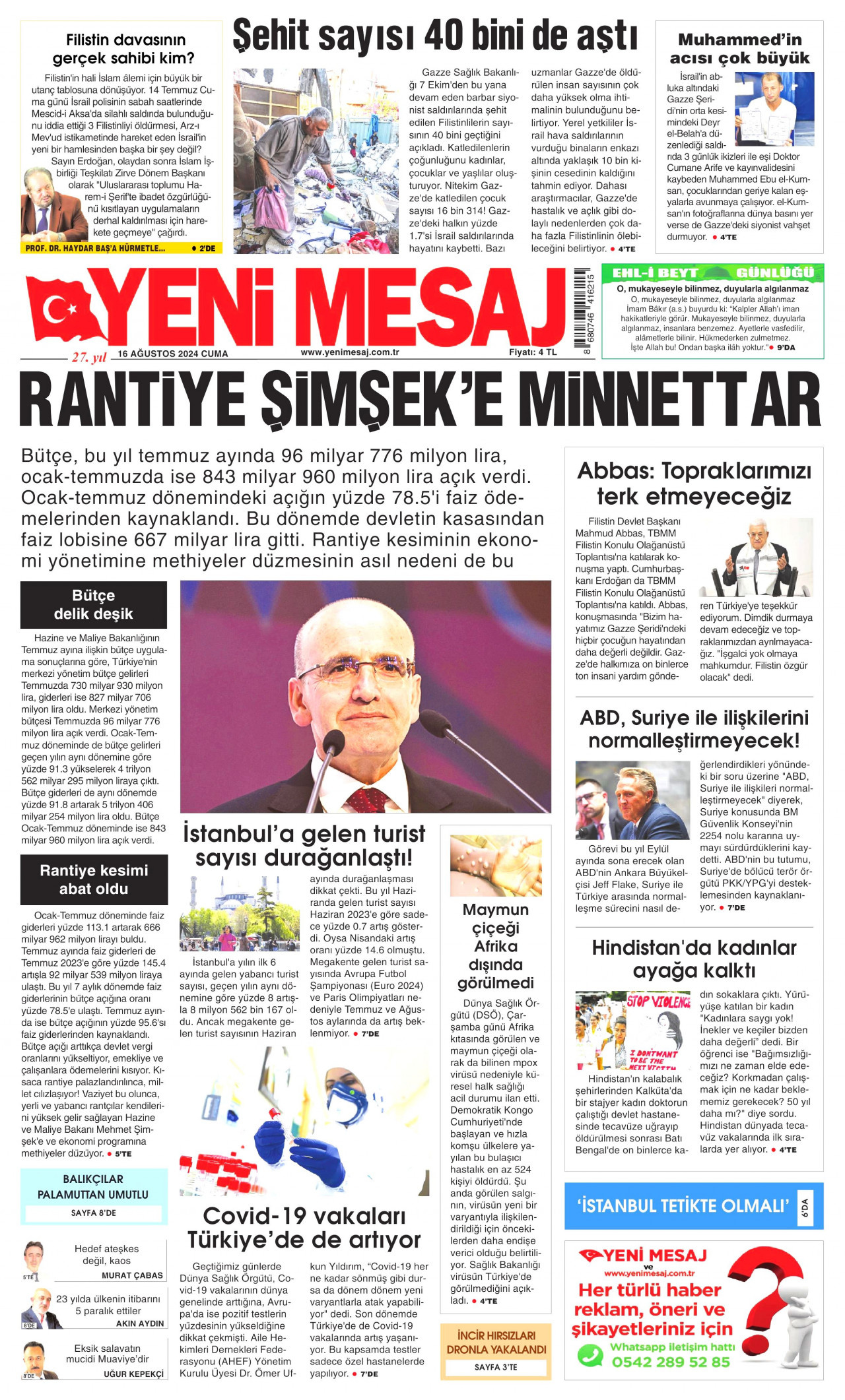 YENİ MESAJ gazetesinin 16 Ağustos 2024 tarihli birinci sayfası