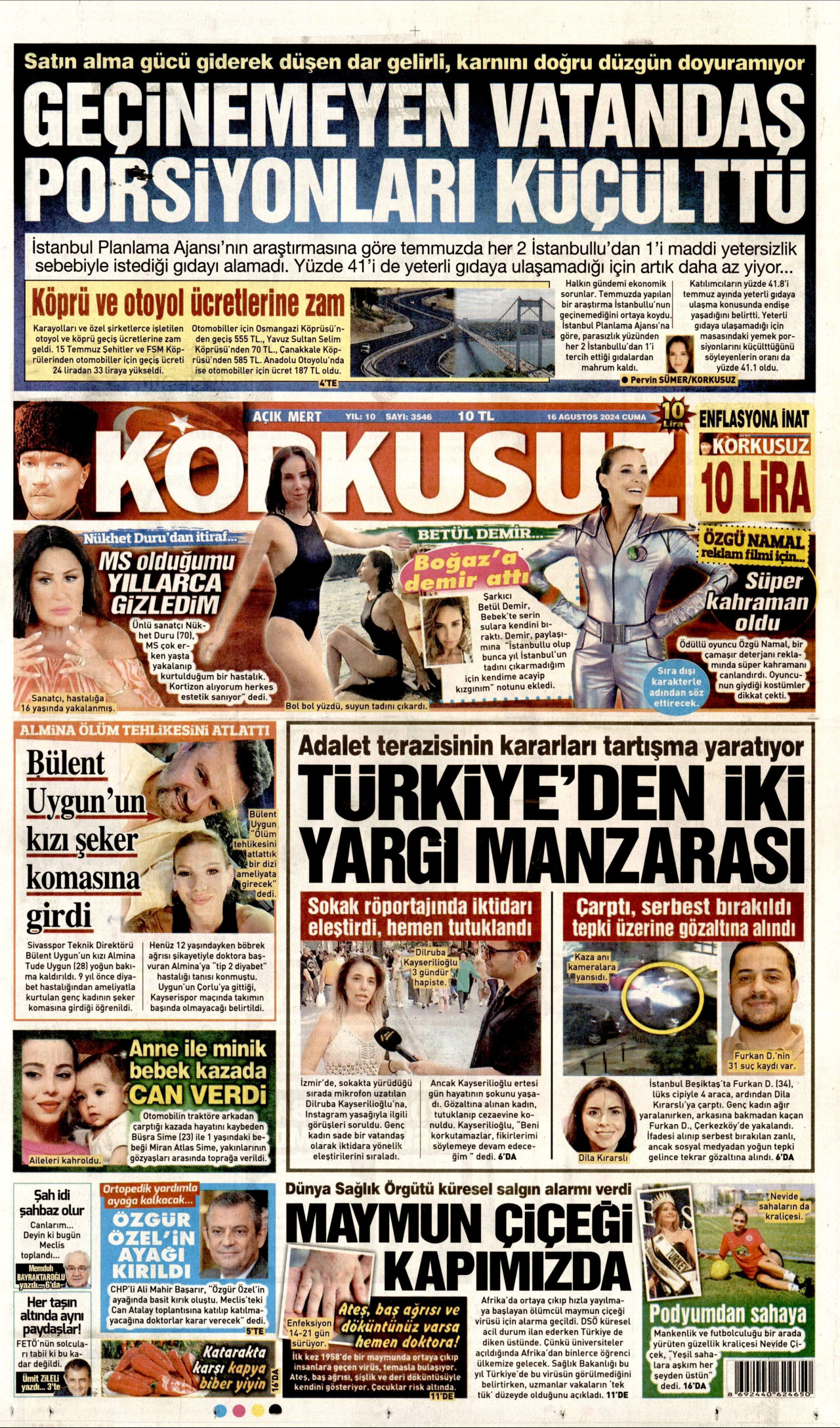 KORKUSUZ gazetesinin 16 Ağustos 2024 tarihli birinci sayfası