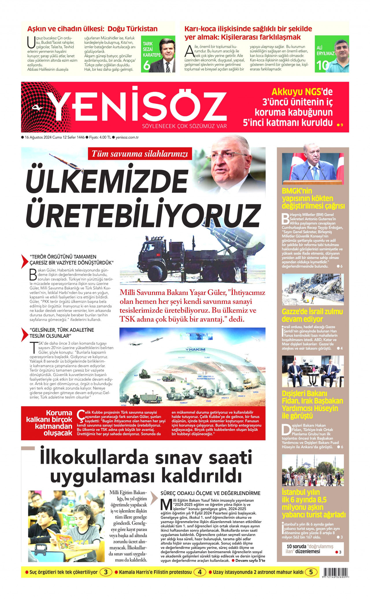 YENİ SÖZ GAZETESİ gazetesinin 16 Ağustos 2024 tarihli birinci sayfası