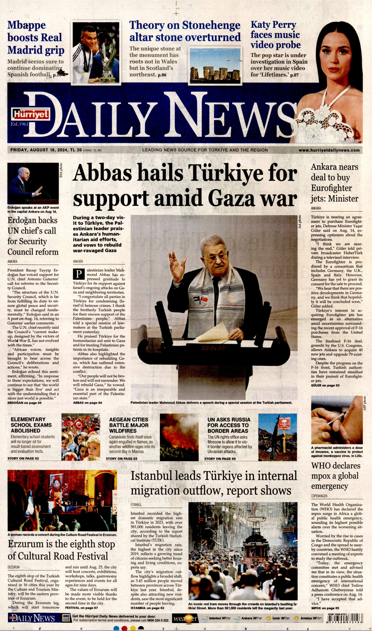 HÜRRİYET DAİLY NEWS gazetesinin 16 Ağustos 2024 tarihli birinci sayfası