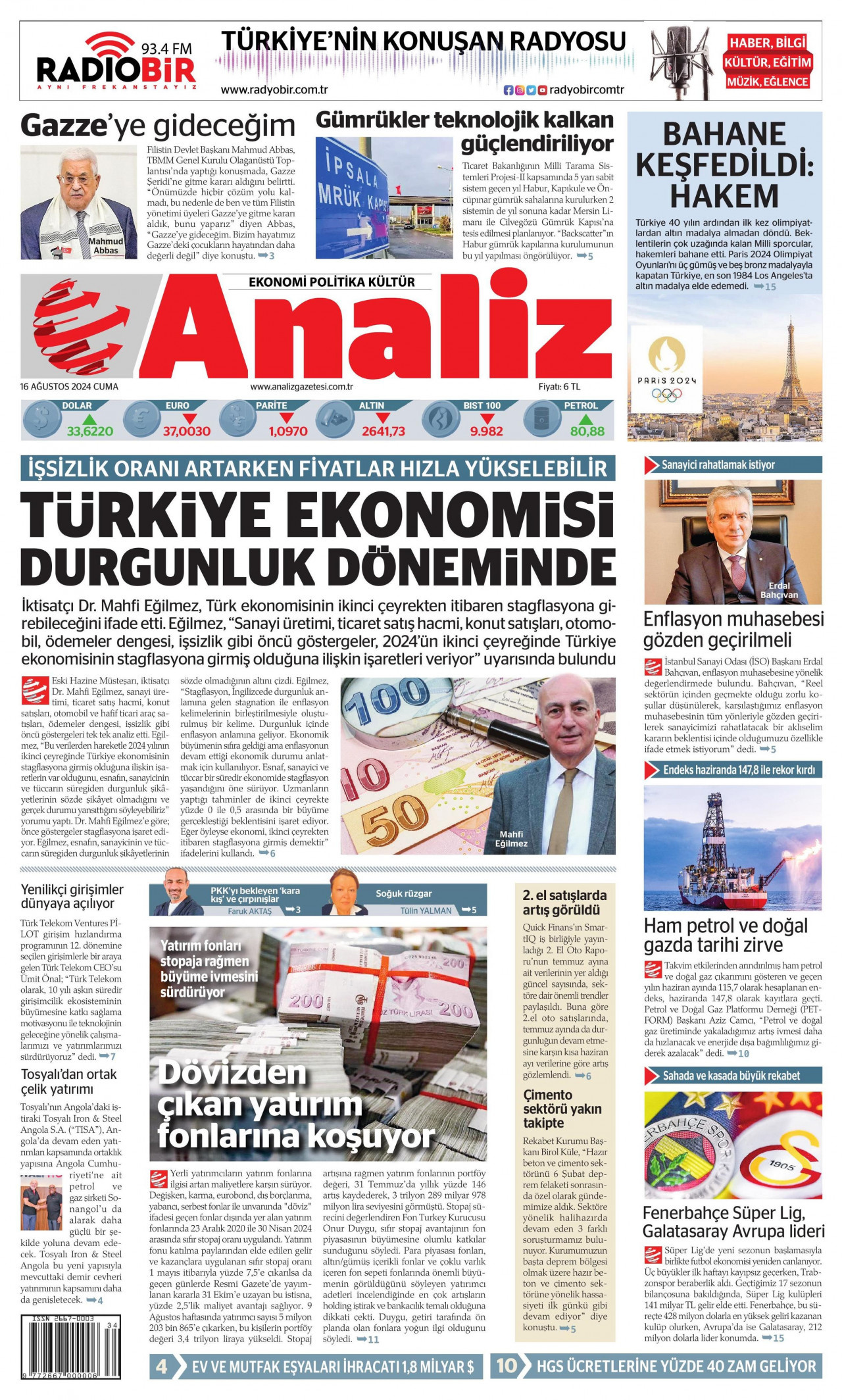 ANALİZ gazetesinin 16 Ağustos 2024 tarihli birinci sayfası