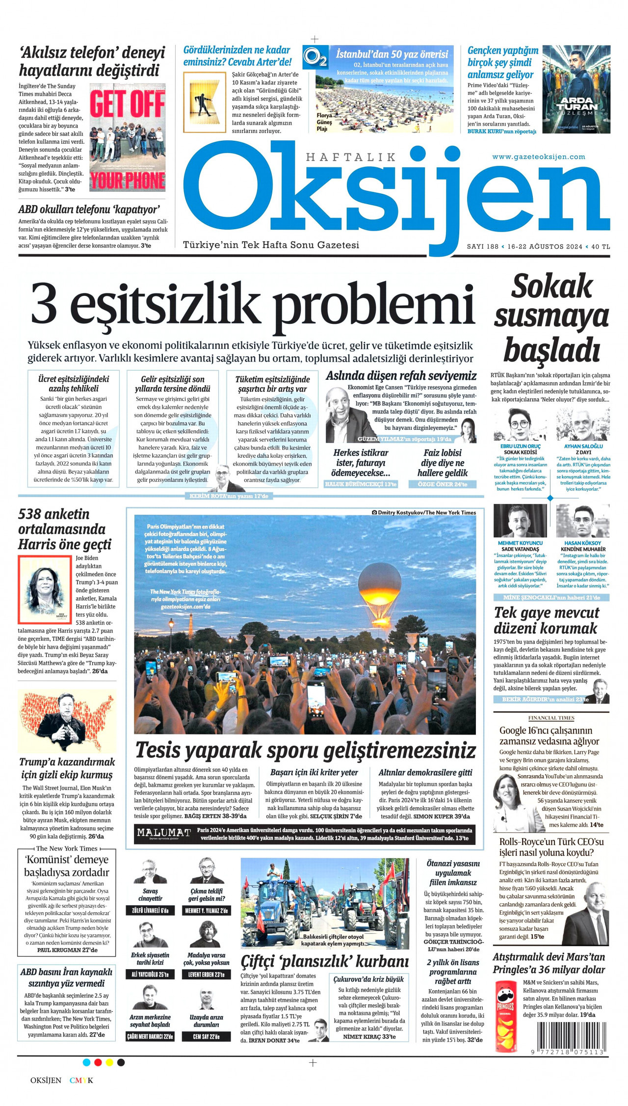 OKSİJEN gazetesinin 16 Ağustos 2024 tarihli birinci sayfası