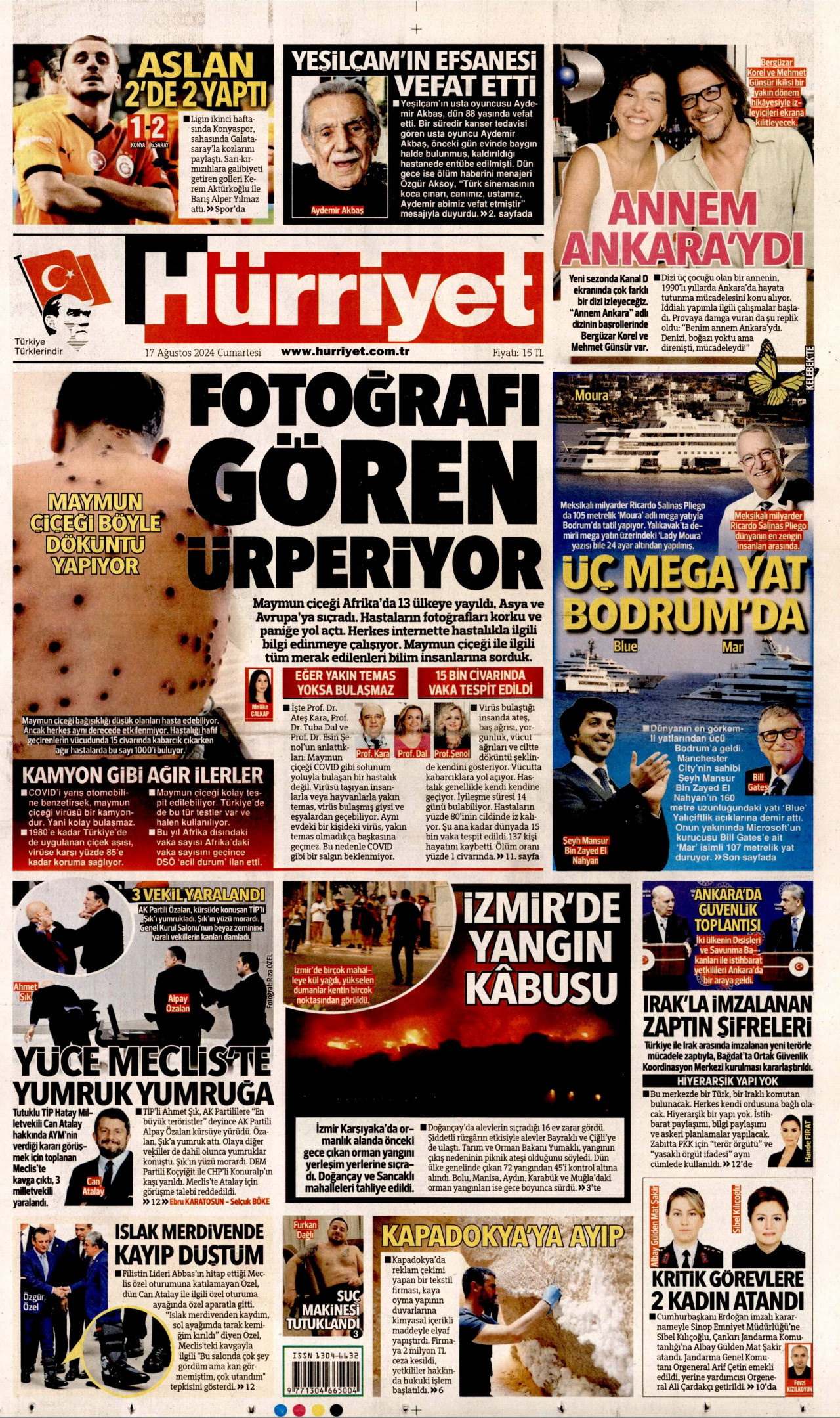 HÜRRİYET gazetesinin 17 Ağustos 2024 tarihli birinci sayfası