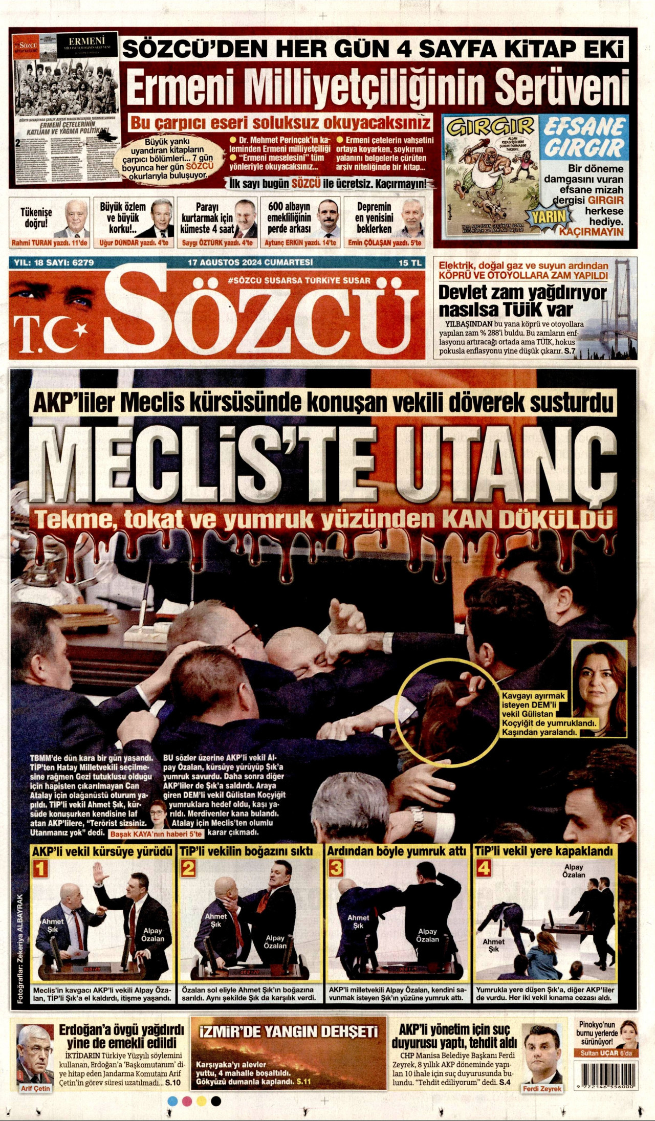 SÖZCÜ gazetesinin 17 Ağustos 2024 tarihli birinci sayfası
