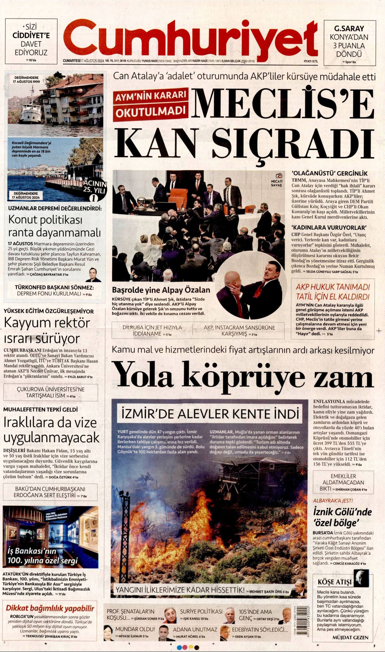 CUMHURİYET gazetesinin 17 Ağustos 2024 tarihli birinci sayfası