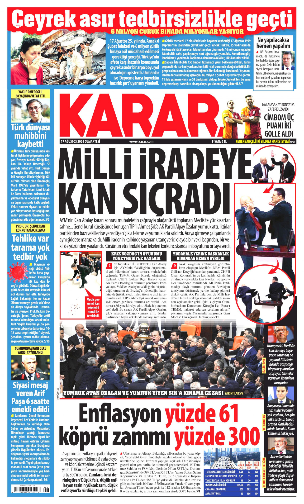 KARAR gazetesinin 17 Ağustos 2024 tarihli birinci sayfası
