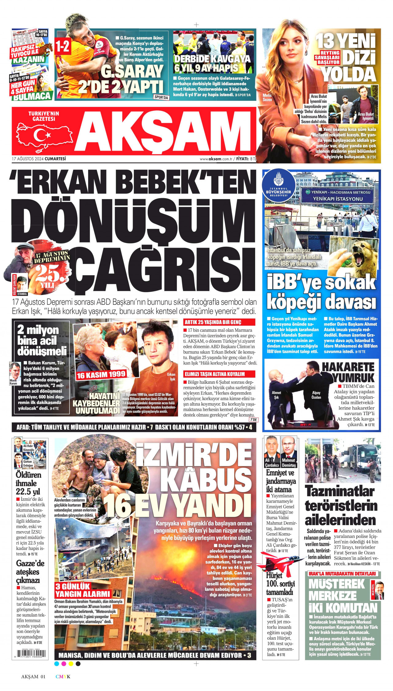 AKŞAM gazetesinin 17 Ağustos 2024 tarihli birinci sayfası