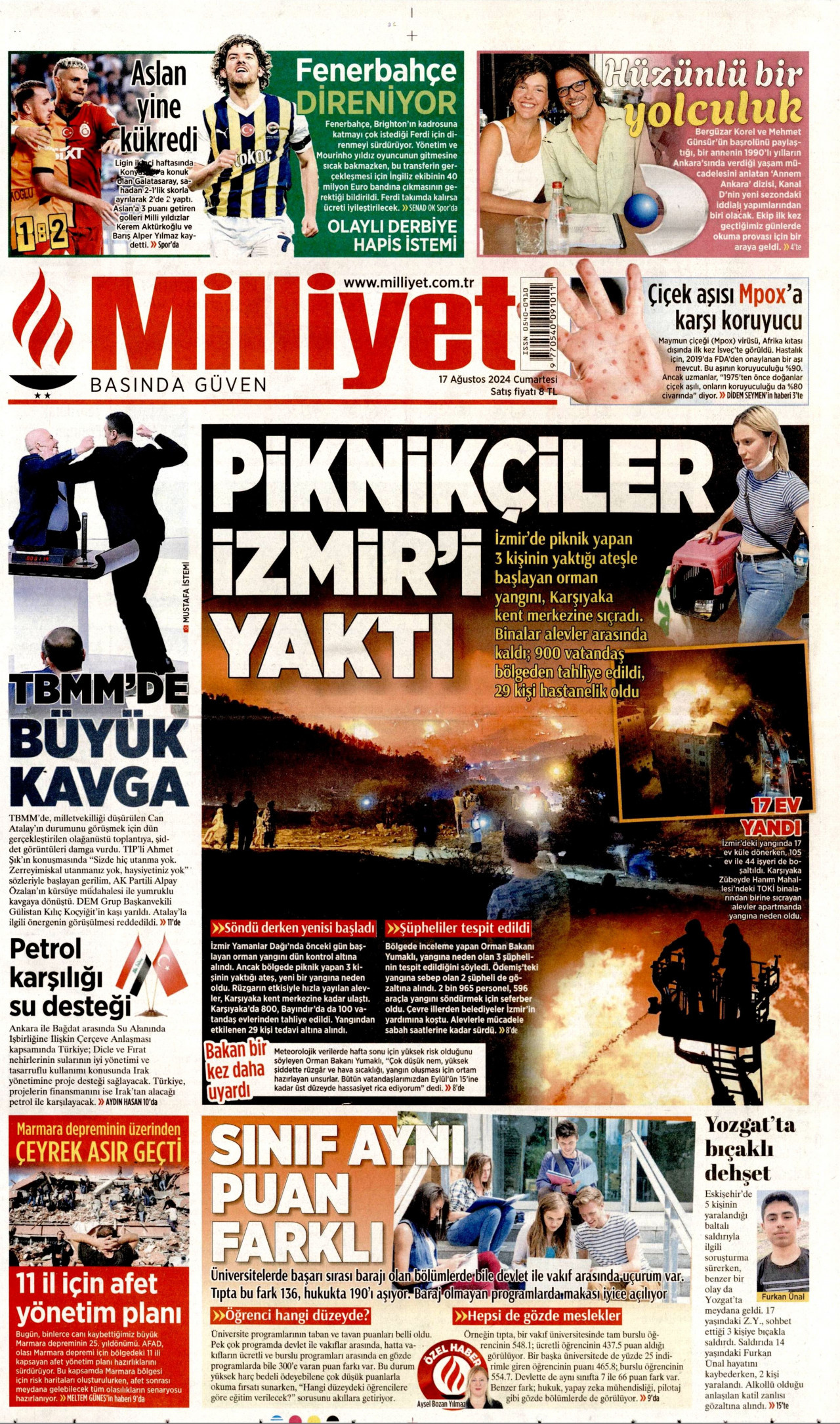 MİLLİYET gazetesinin 17 Ağustos 2024 tarihli birinci sayfası