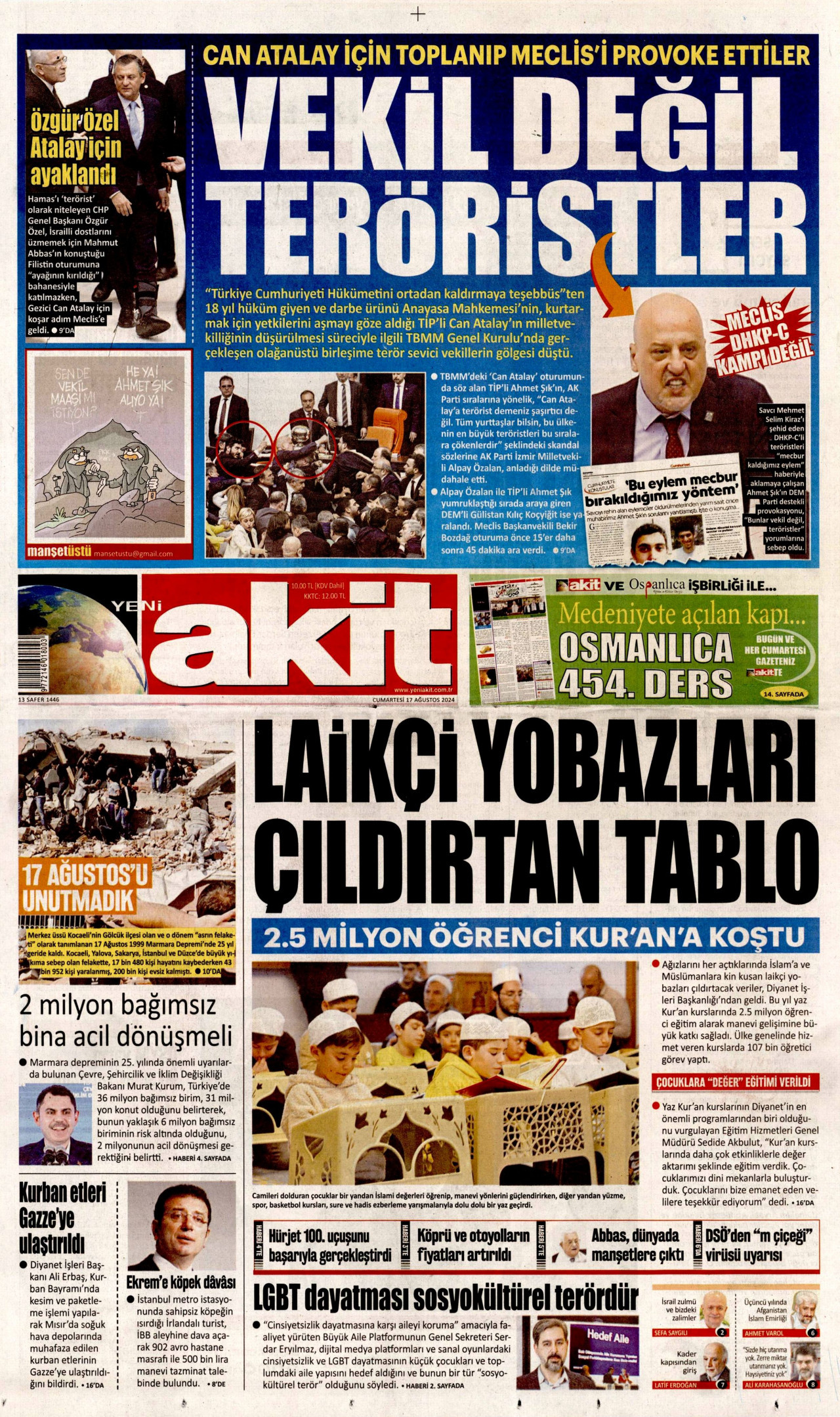 YENİ AKİT gazetesinin 17 Ağustos 2024 tarihli birinci sayfası