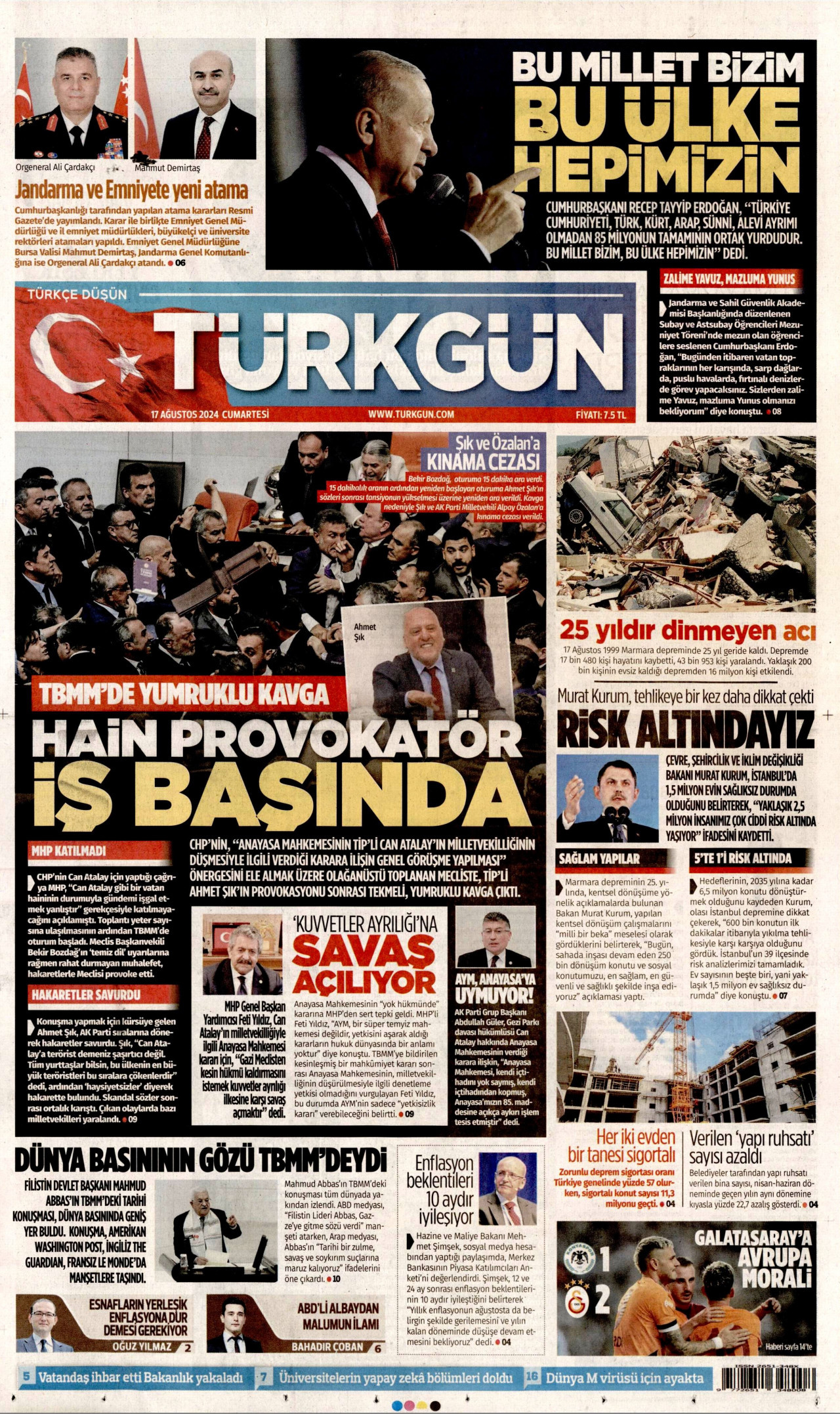 TÜRKGÜN gazetesinin 17 Ağustos 2024 tarihli birinci sayfası