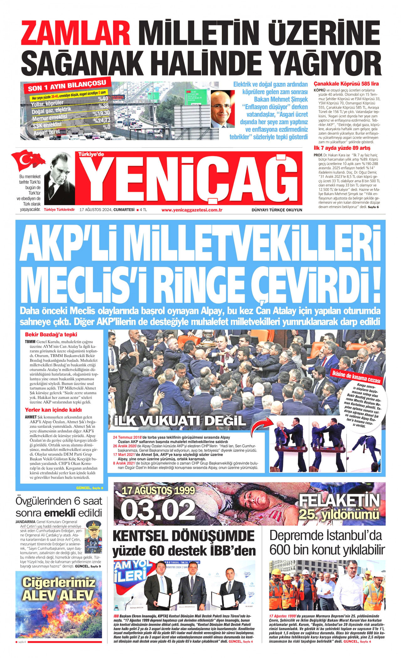 YENİÇAĞ gazetesinin 17 Ağustos 2024 tarihli birinci sayfası