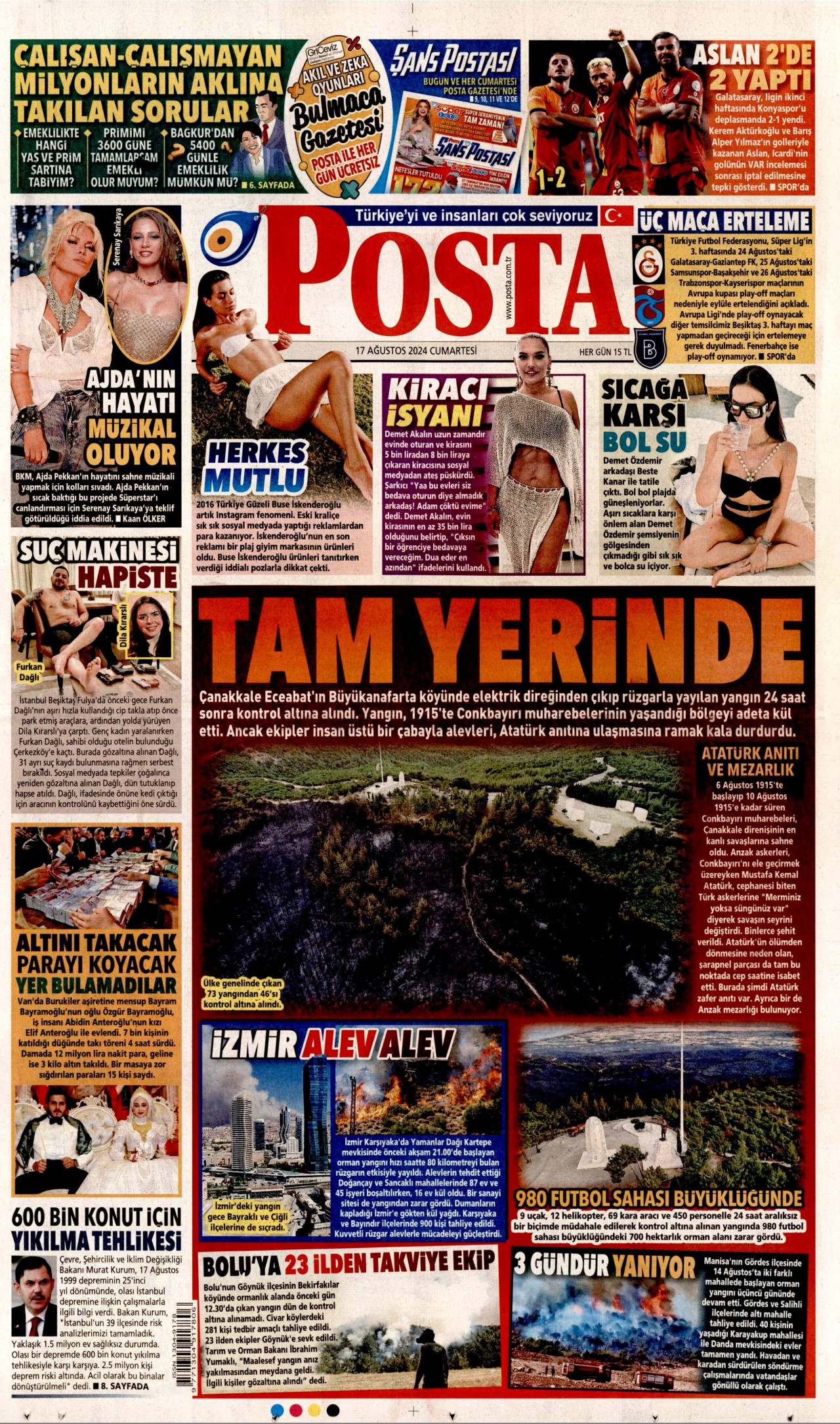 POSTA gazetesinin 17 Ağustos 2024 tarihli birinci sayfası