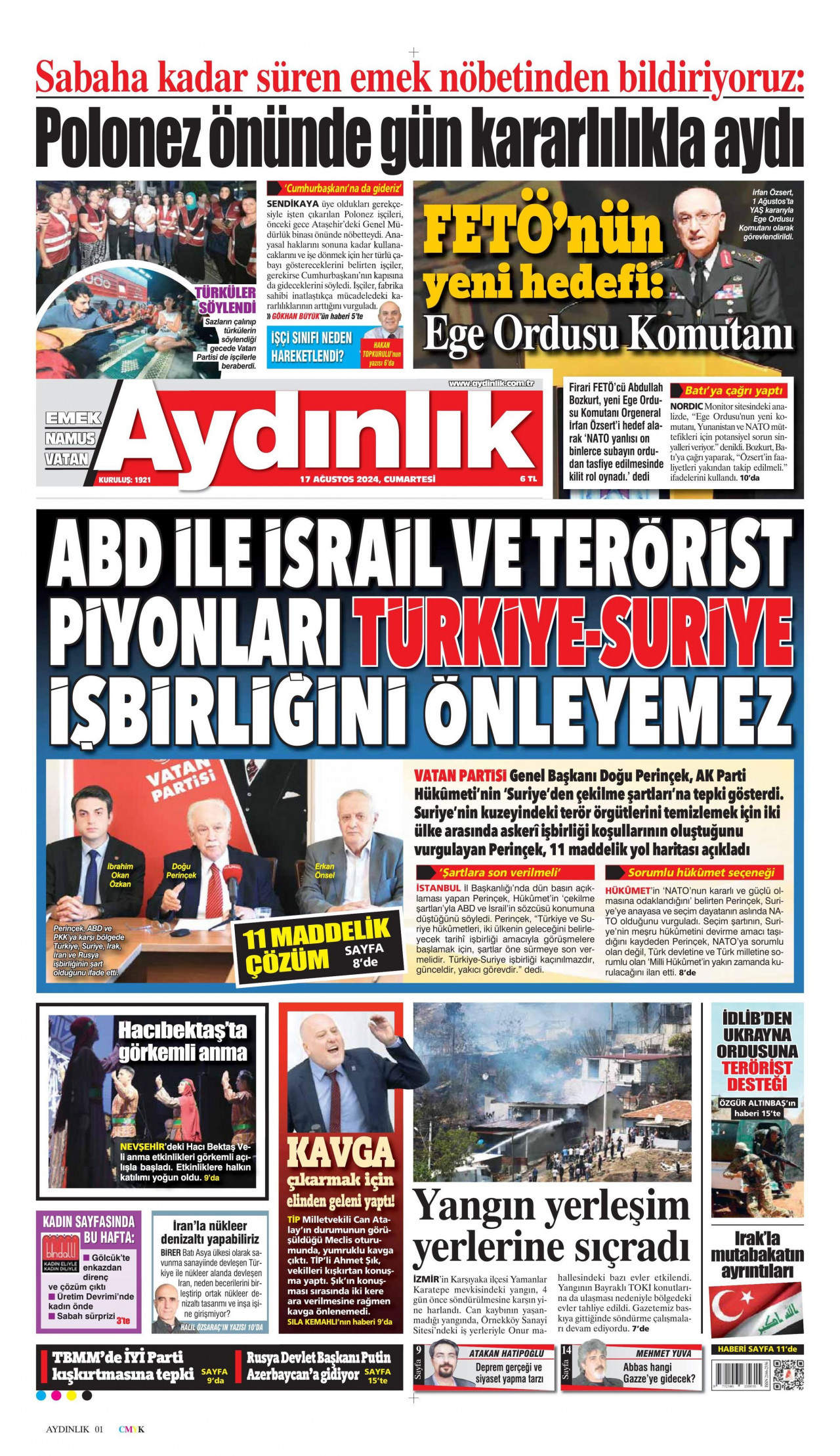 AYDINLIK GAZETESİ gazetesinin 17 Ağustos 2024 tarihli birinci sayfası