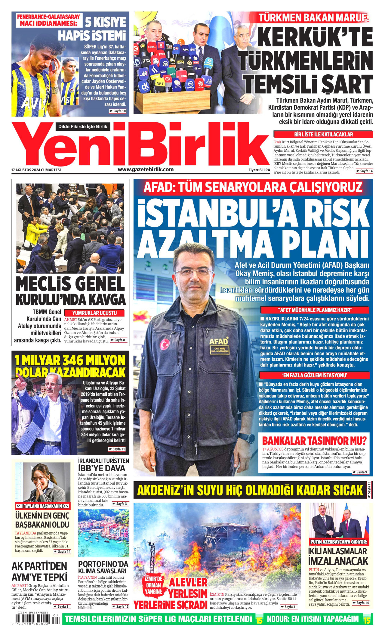 YENİBİRLİK gazetesinin 17 Ağustos 2024 tarihli birinci sayfası