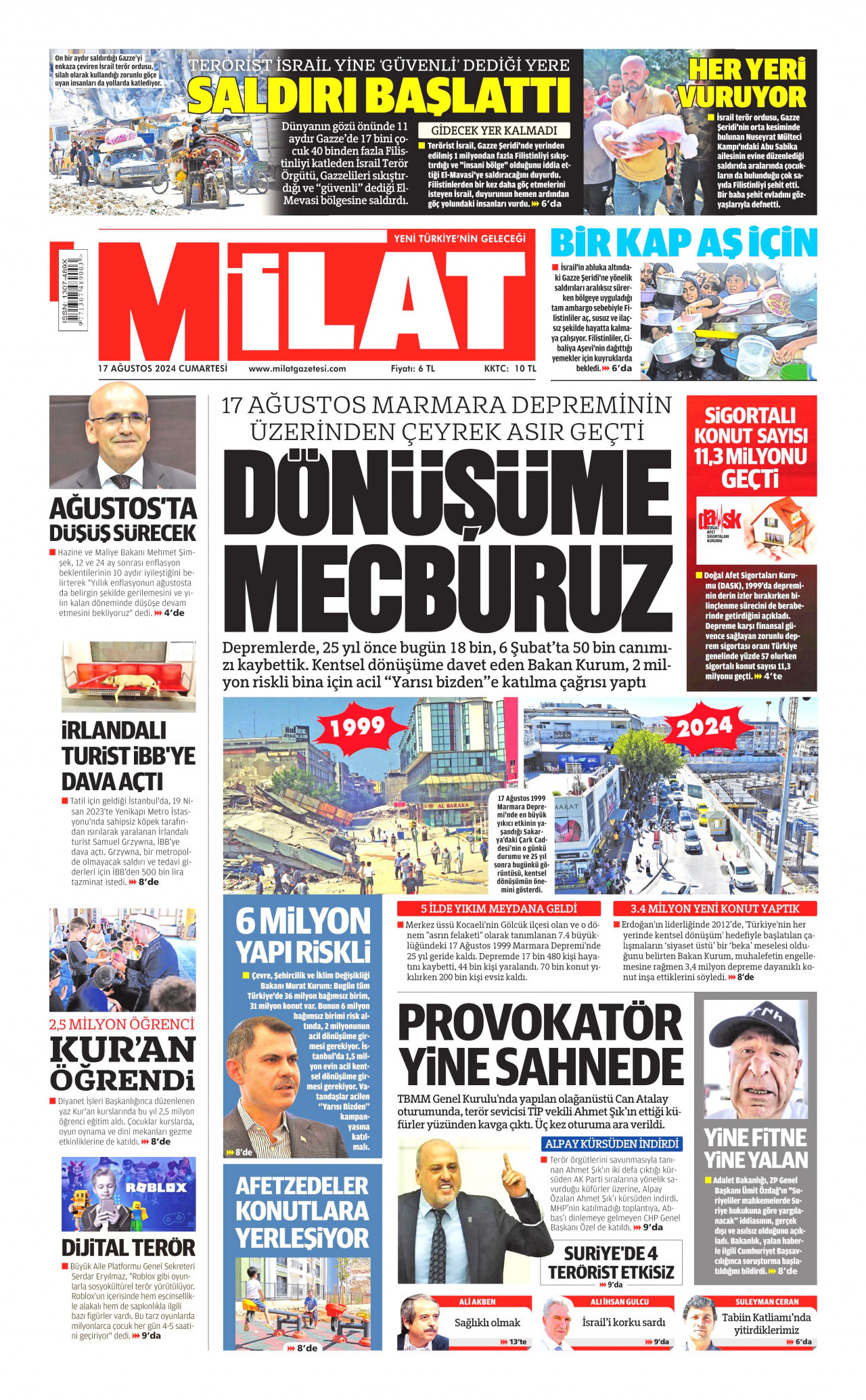 MİLAT gazetesinin 17 Ağustos 2024 tarihli birinci sayfası