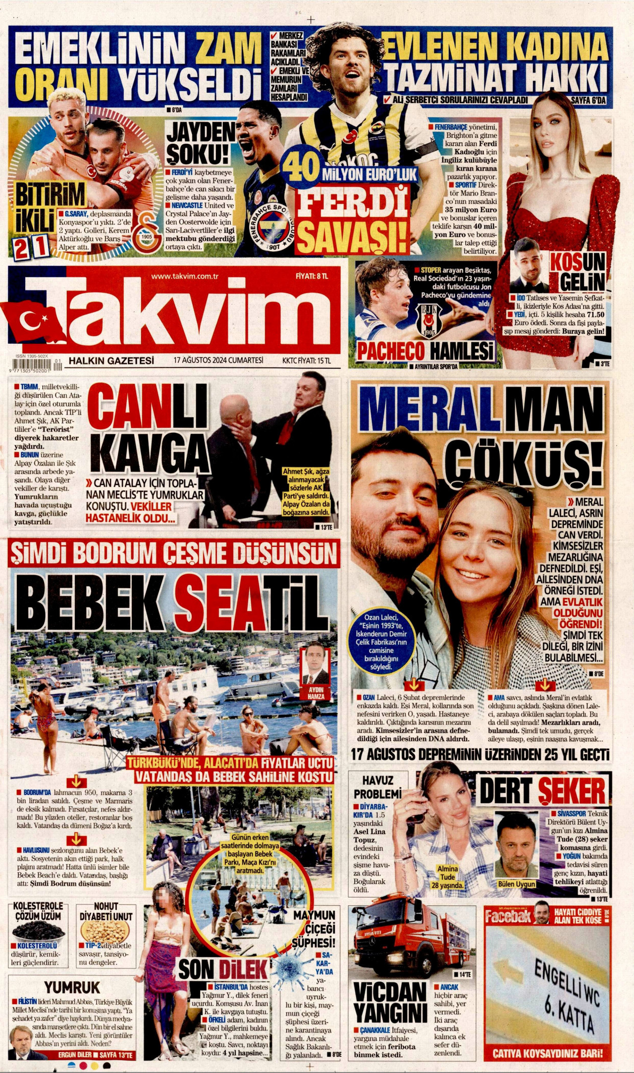TAKVİM gazetesinin 17 Ağustos 2024 tarihli birinci sayfası