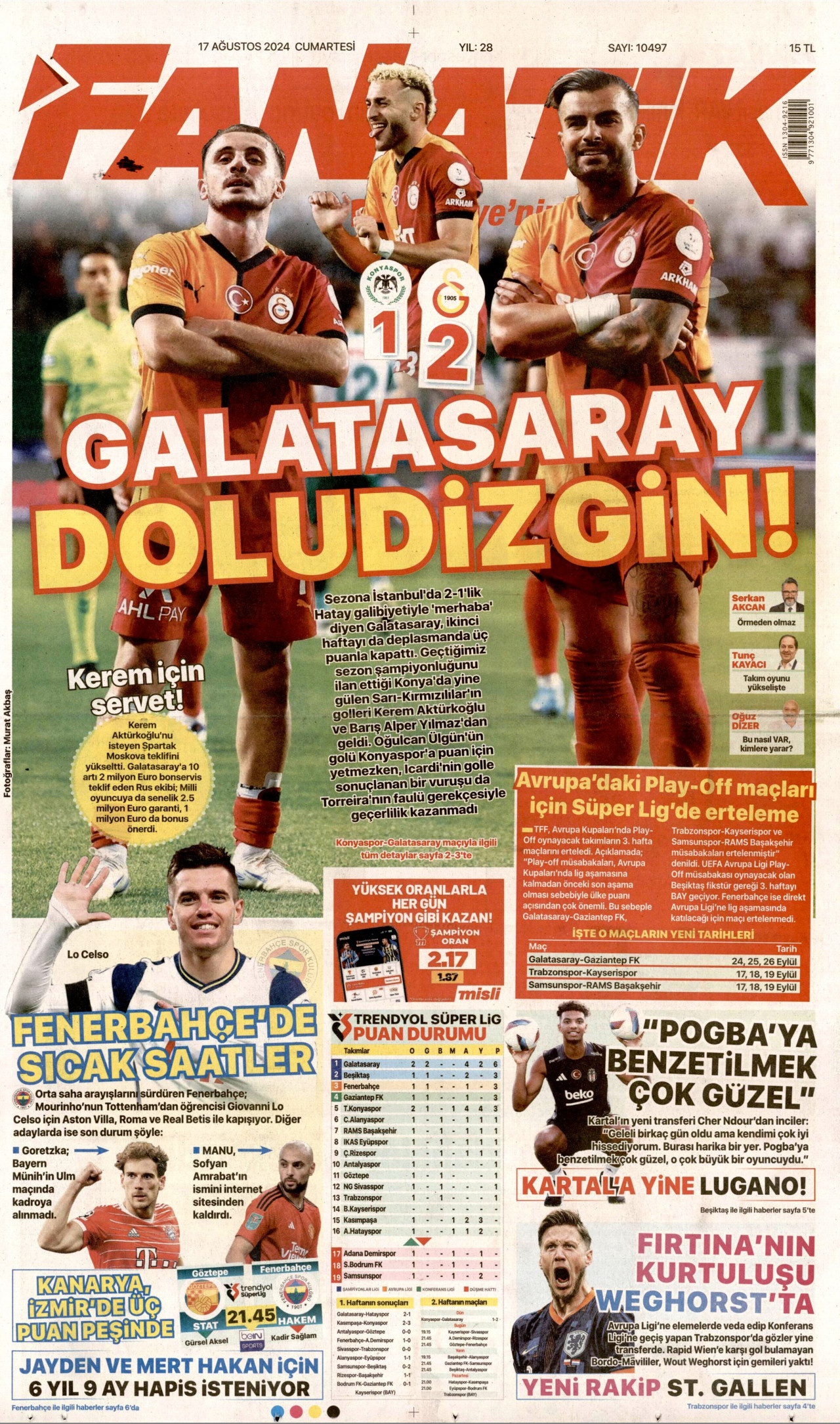 FANATİK gazetesinin 17 Ağustos 2024 tarihli birinci sayfası