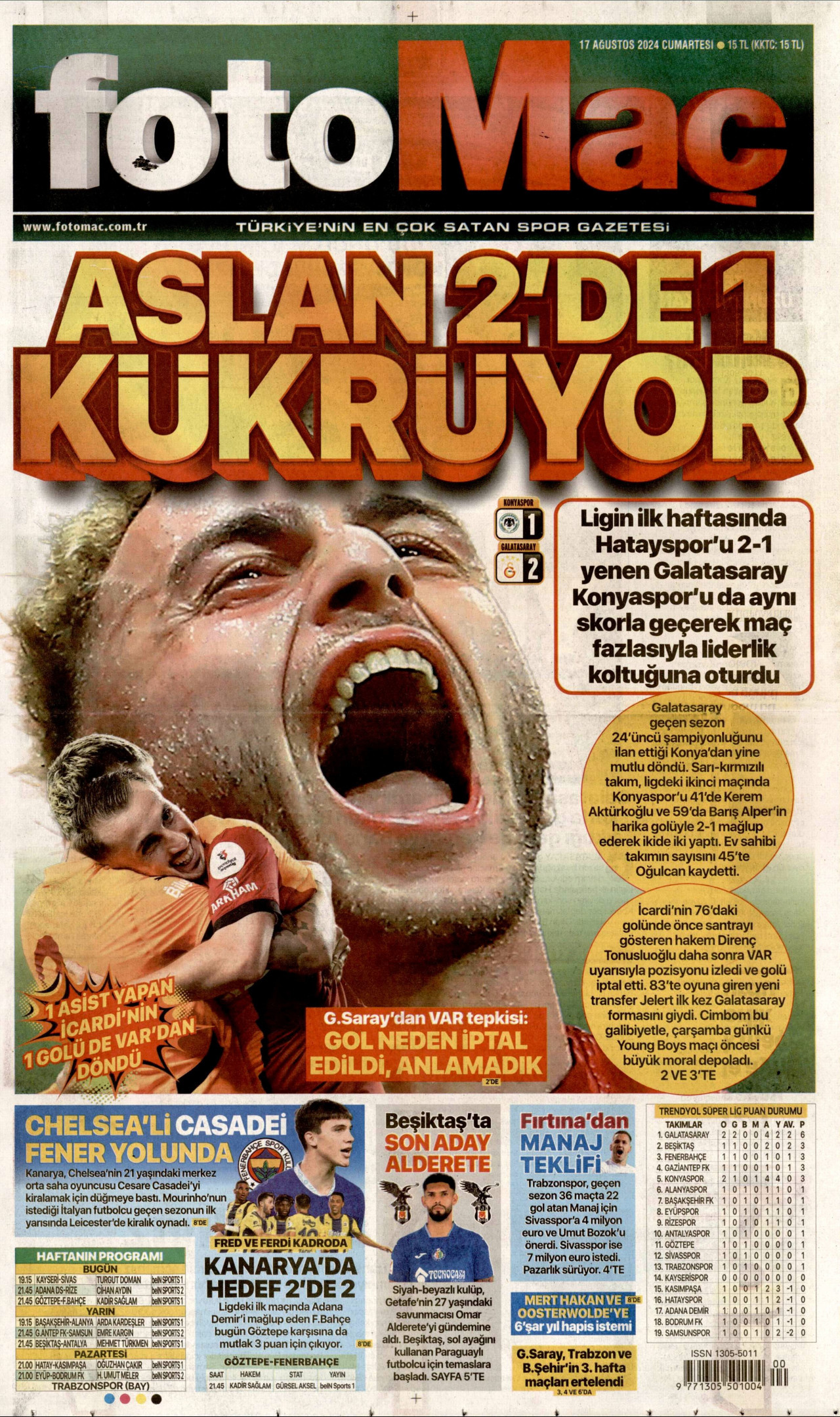 FOTOMAÇ gazetesinin 17 Ağustos 2024 tarihli birinci sayfası