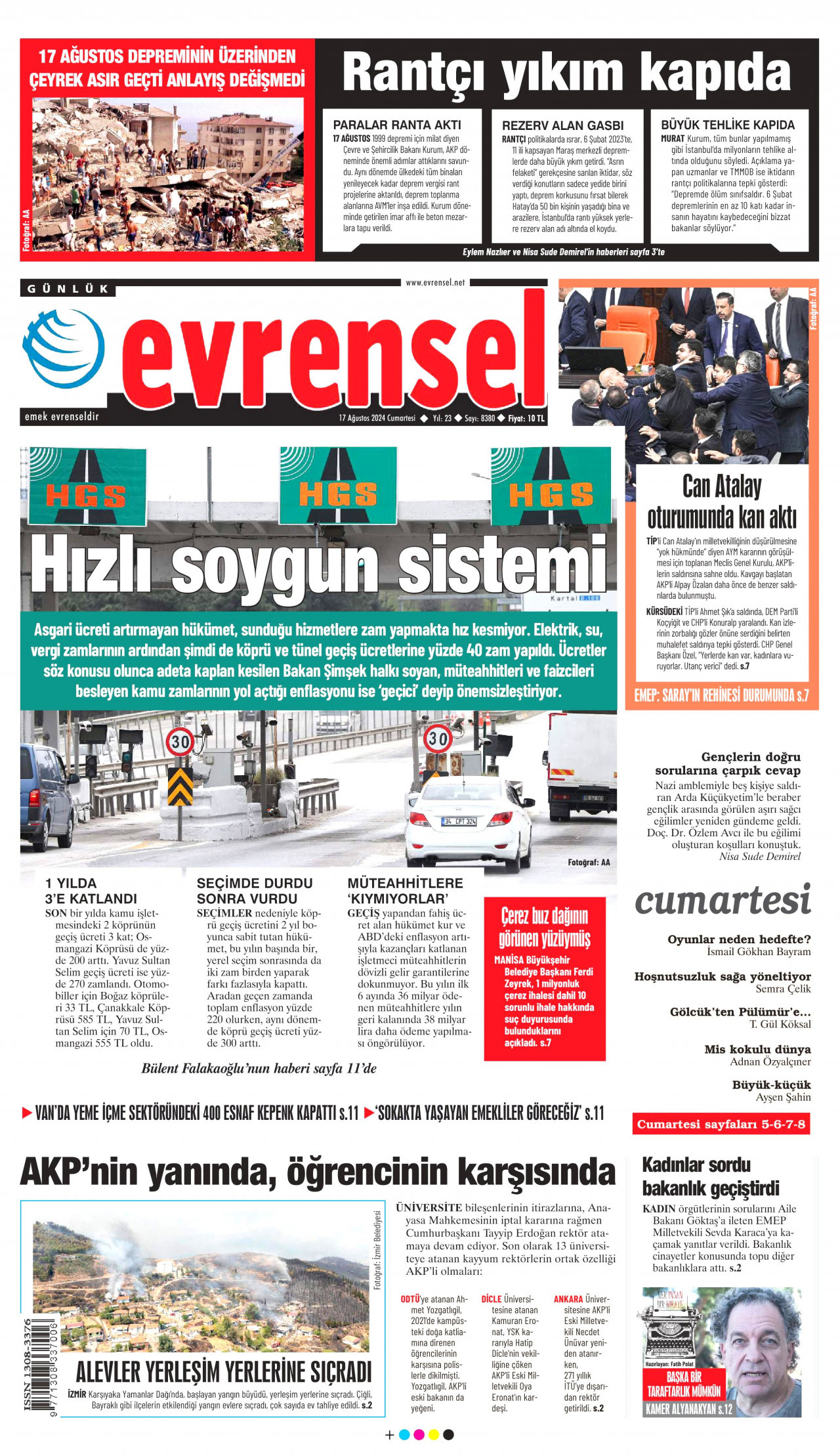 EVRENSEL gazetesinin 17 Ağustos 2024 tarihli birinci sayfası