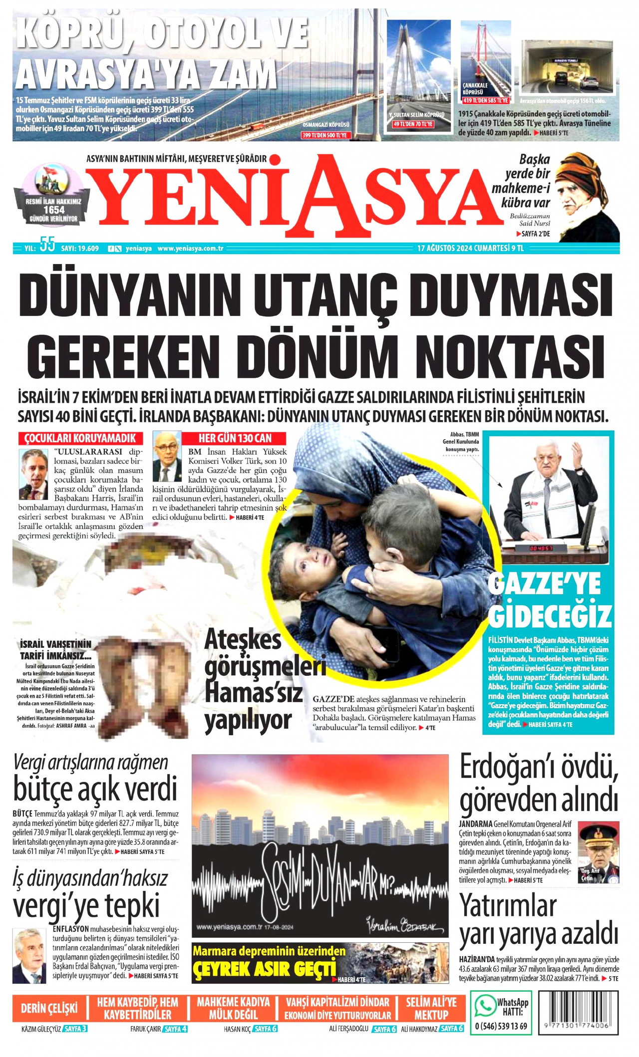 YENİ ASYA gazetesinin 17 Ağustos 2024 tarihli birinci sayfası