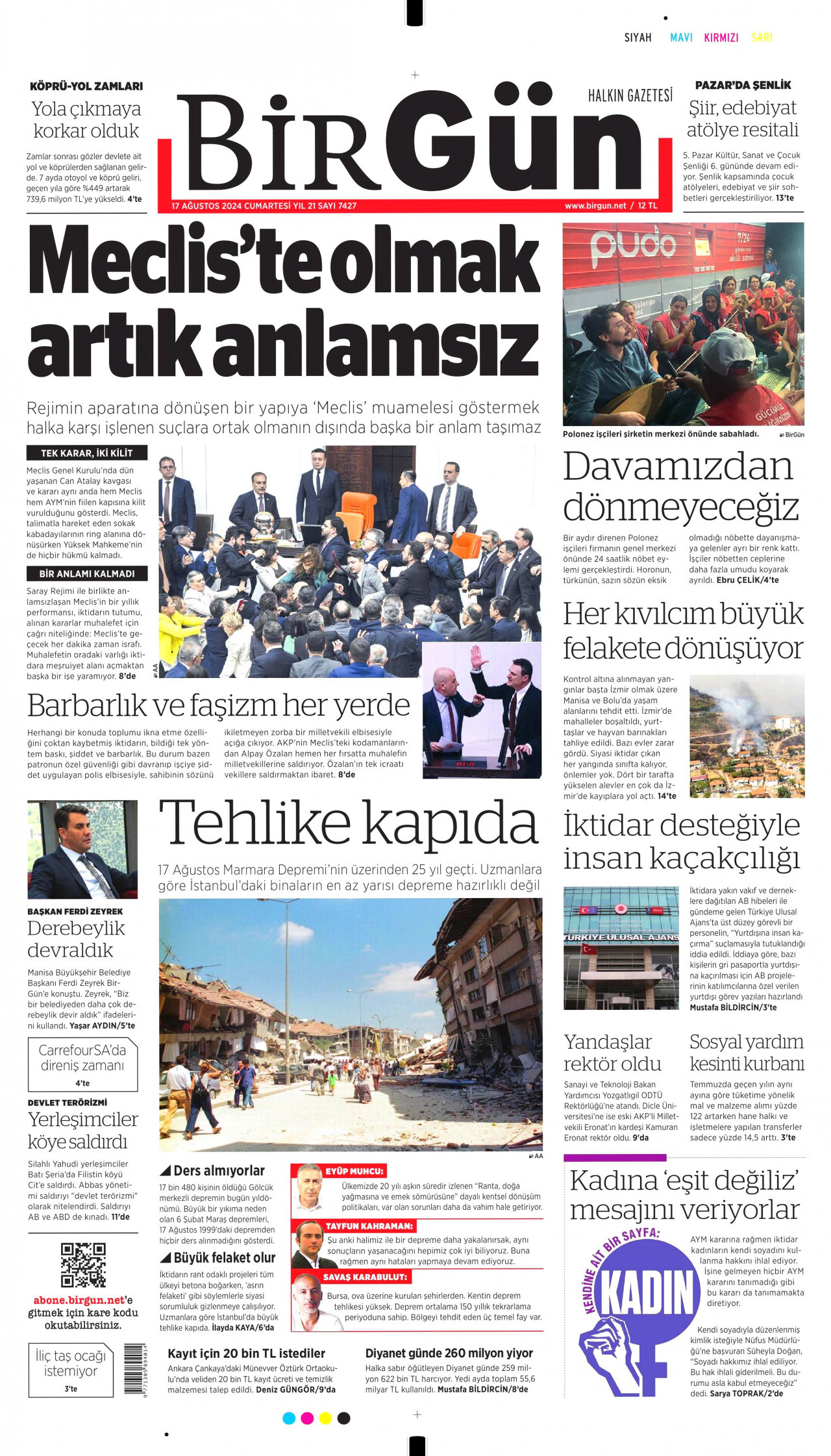 BİRGÜN gazetesinin 17 Ağustos 2024 tarihli birinci sayfası