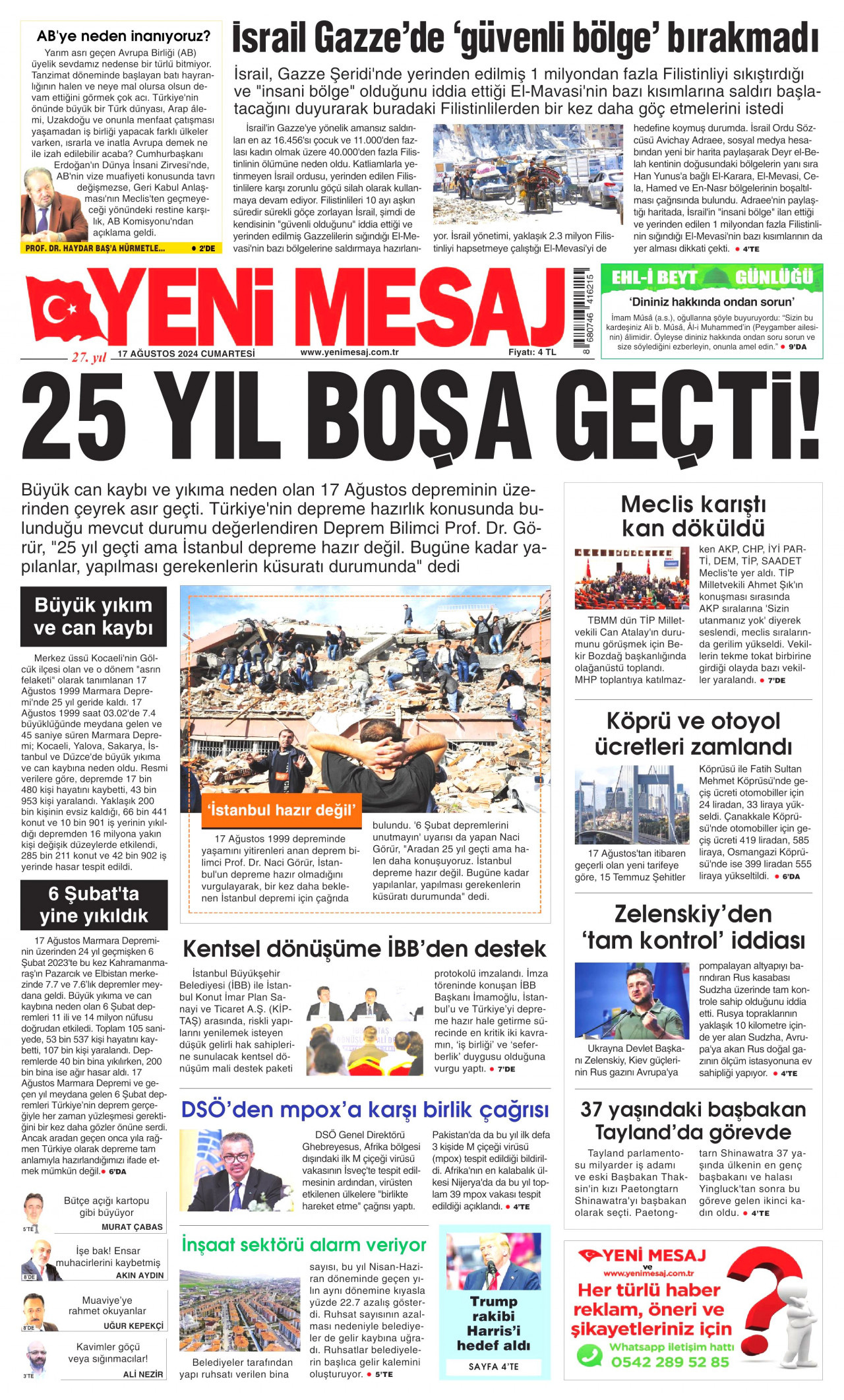 YENİ MESAJ gazetesinin 17 Ağustos 2024 tarihli birinci sayfası