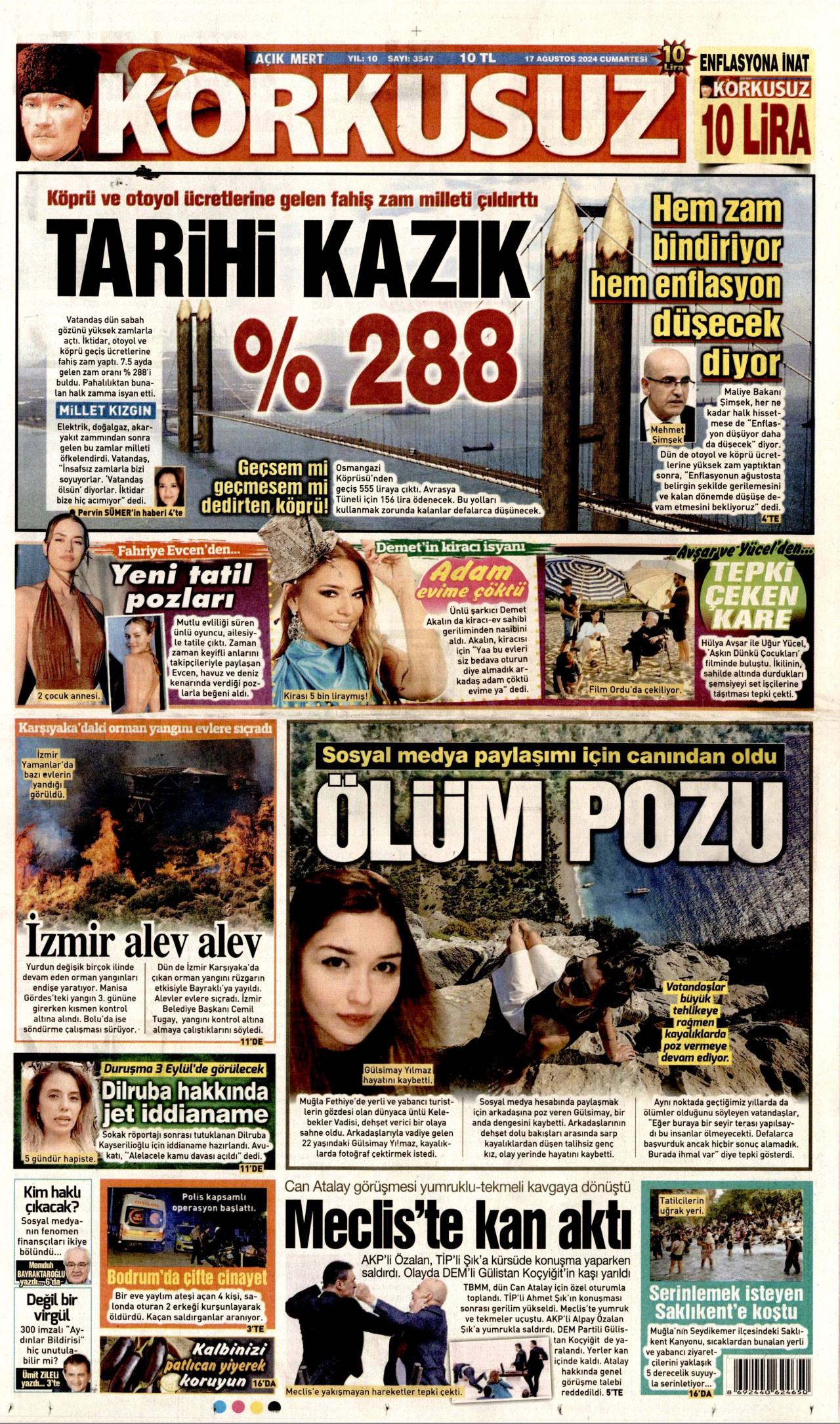 KORKUSUZ gazetesinin 17 Ağustos 2024 tarihli birinci sayfası