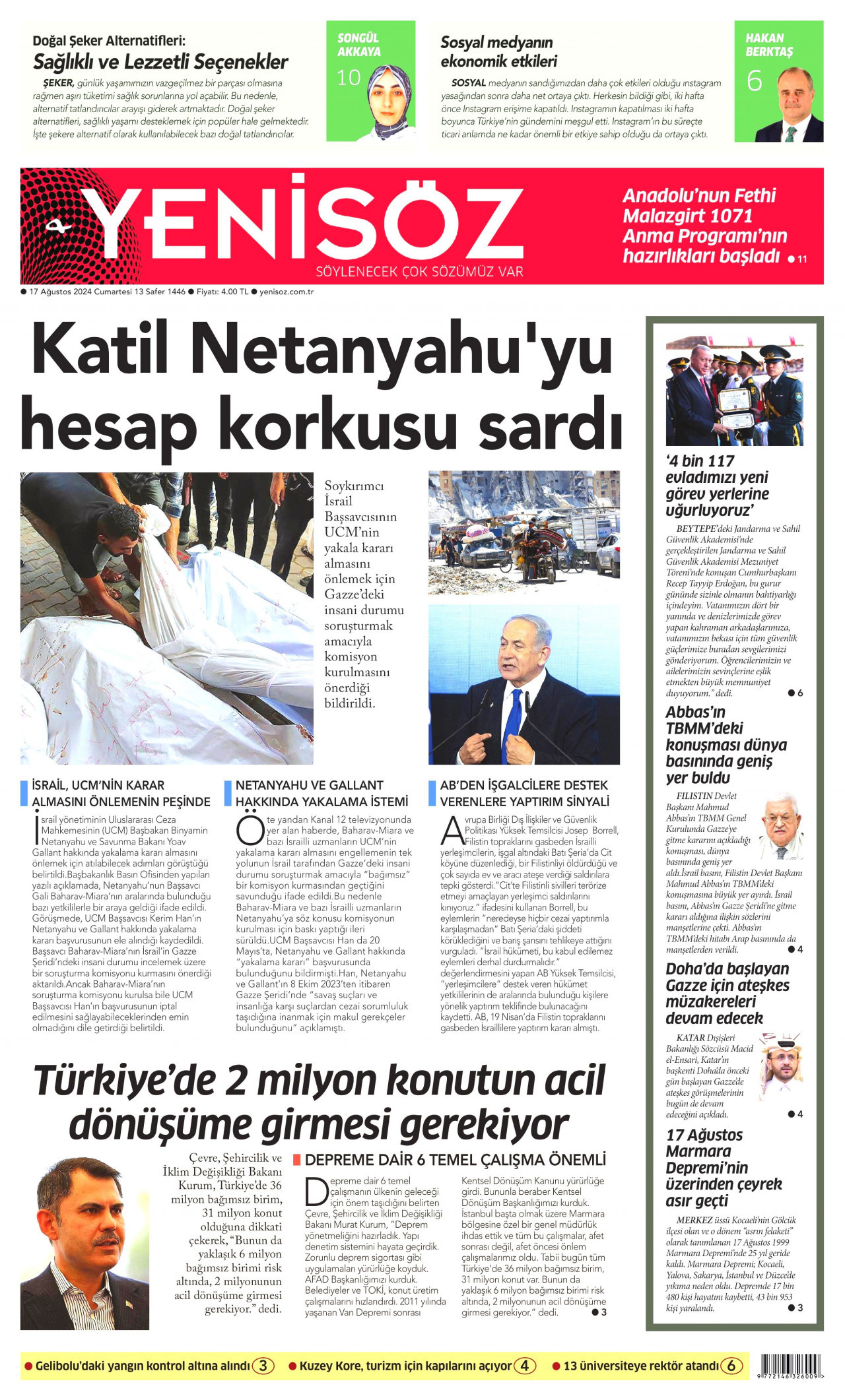 YENİ SÖZ GAZETESİ gazetesinin 17 Ağustos 2024 tarihli birinci sayfası