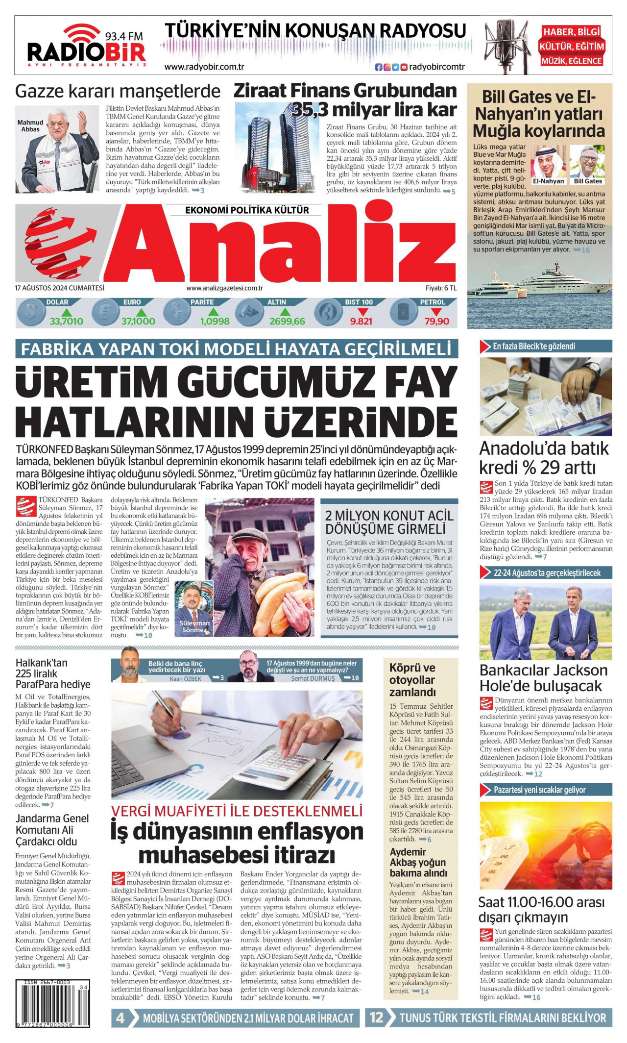 ANALİZ gazetesinin 17 Ağustos 2024 tarihli birinci sayfası