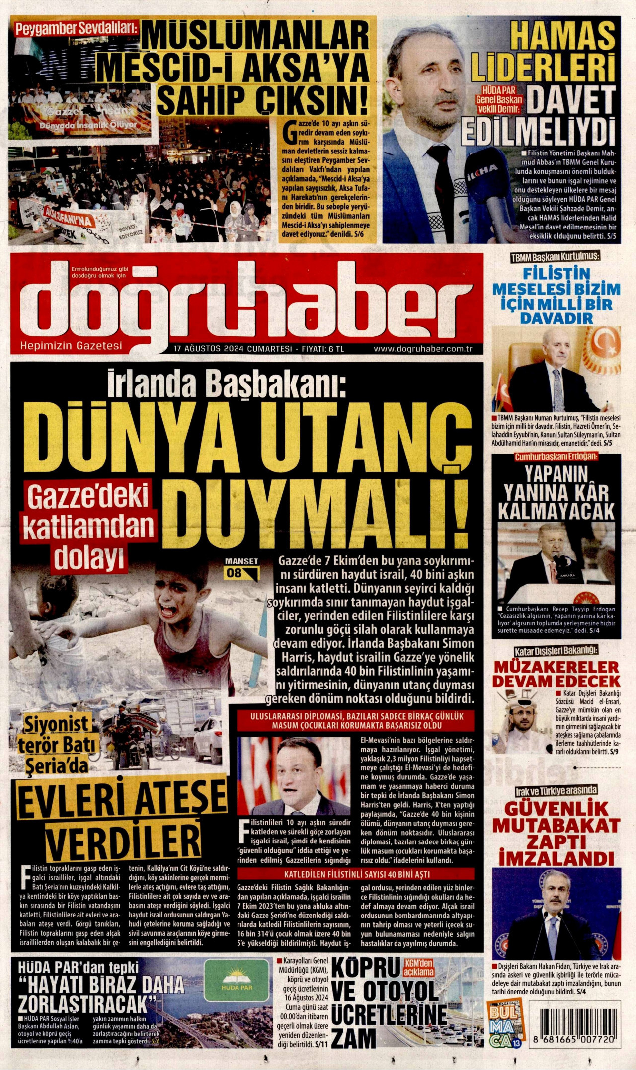 DOĞRU HABER gazetesinin 17 Ağustos 2024 tarihli birinci sayfası