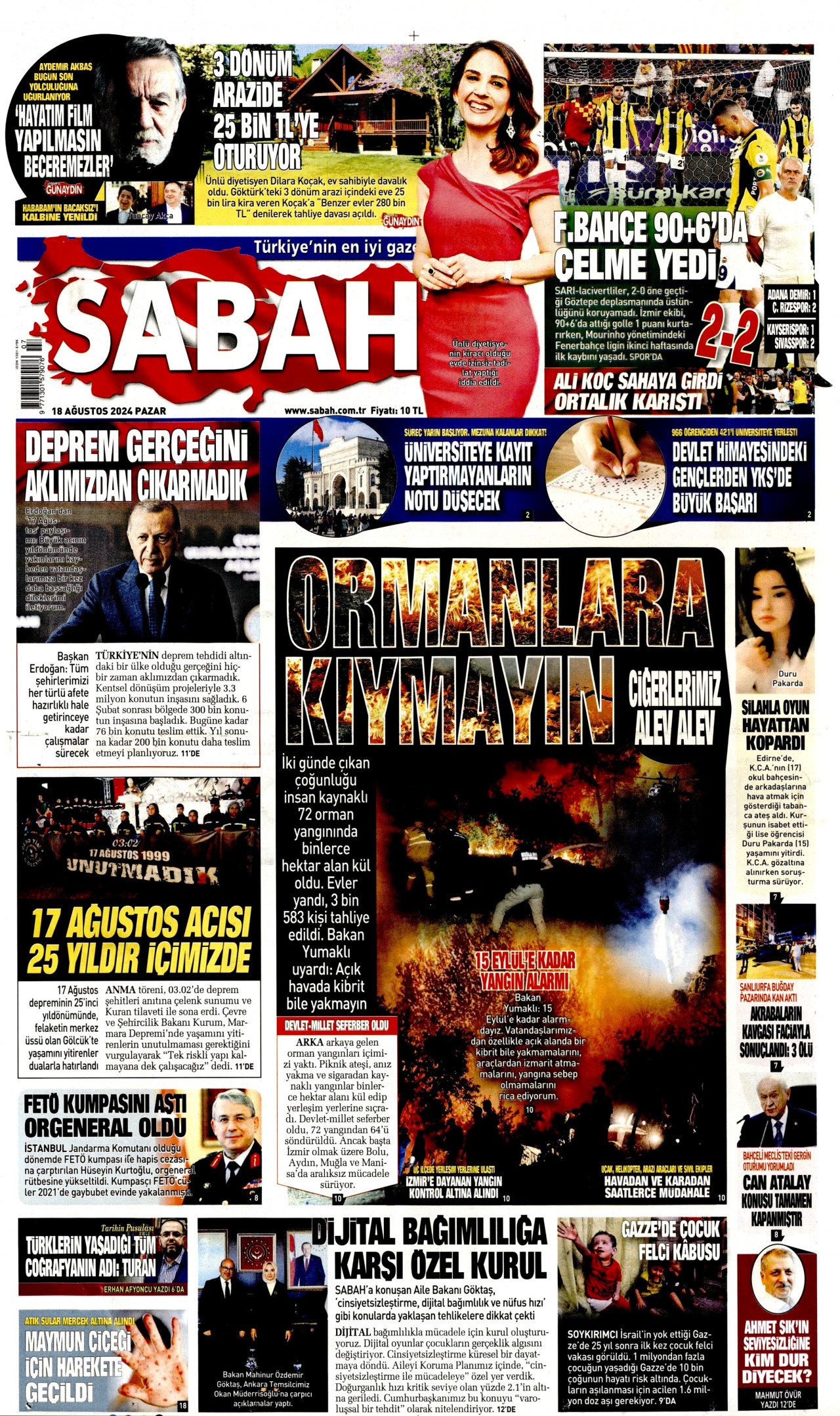 SABAH gazetesinin 18 Ağustos 2024 tarihli birinci sayfası