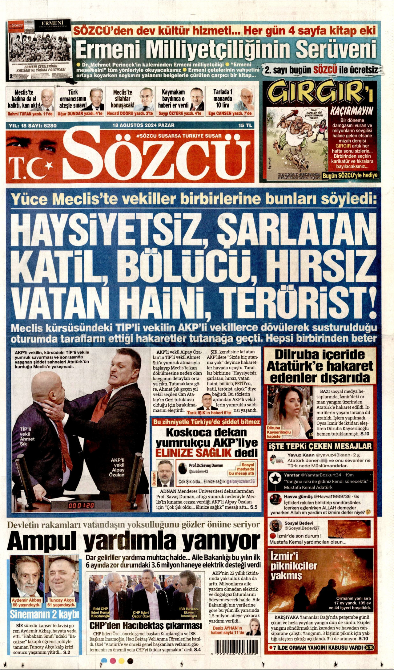 SÖZCÜ gazetesinin 18 Ağustos 2024 tarihli birinci sayfası