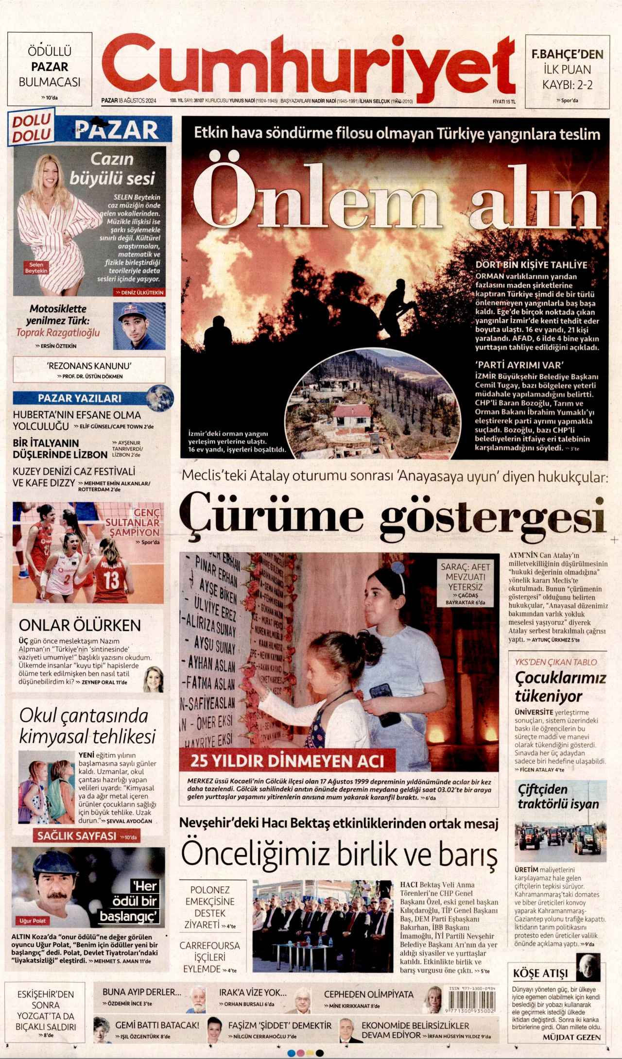 CUMHURİYET gazetesinin 18 Ağustos 2024 tarihli birinci sayfası