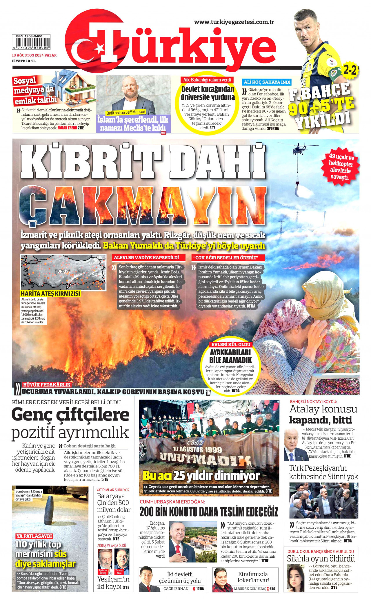 TÜRKİYE GAZETESİ gazetesinin 18 Ağustos 2024 tarihli birinci sayfası