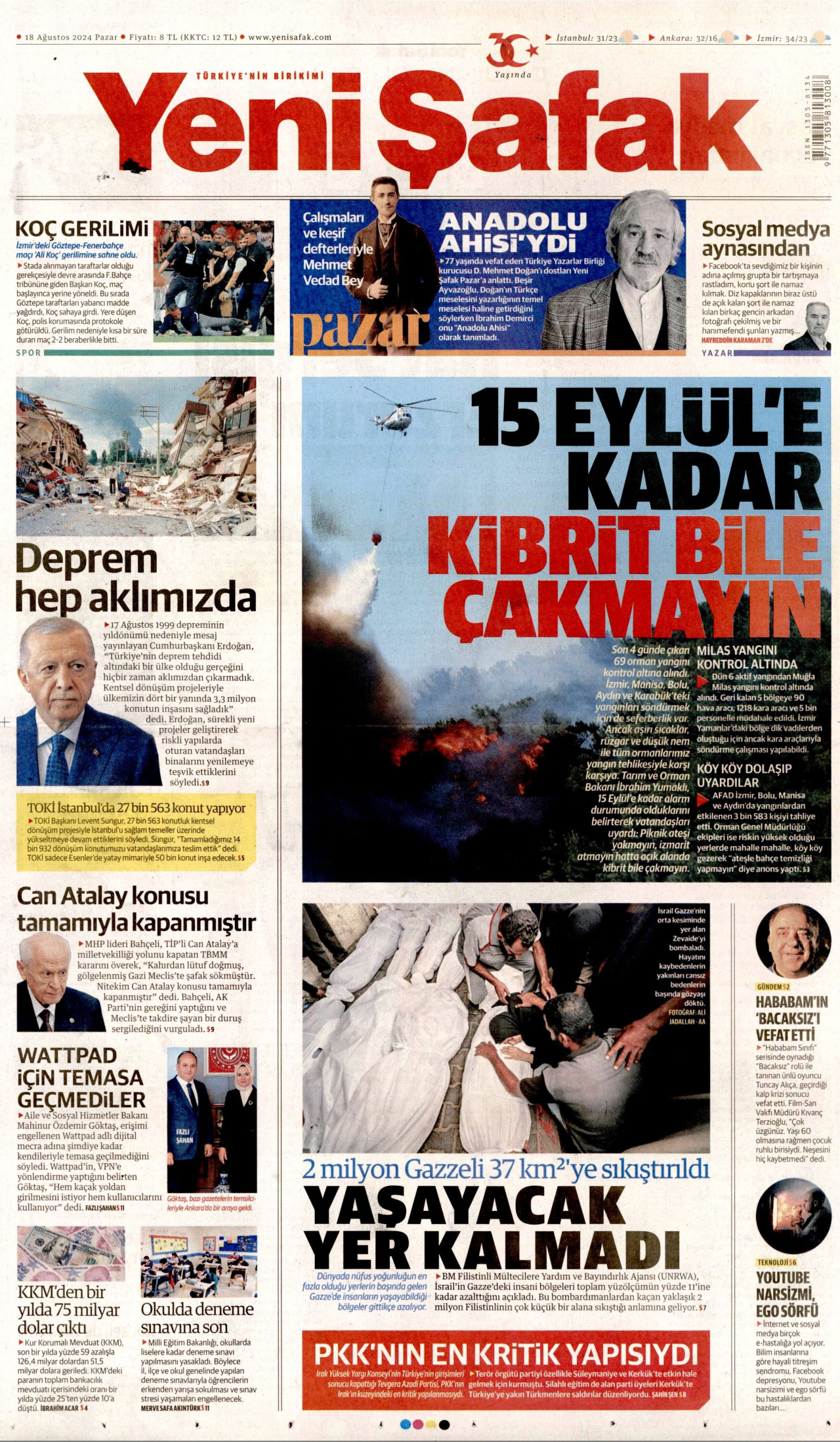 YENİ ŞAFAK gazetesinin 18 Ağustos 2024 tarihli birinci sayfası