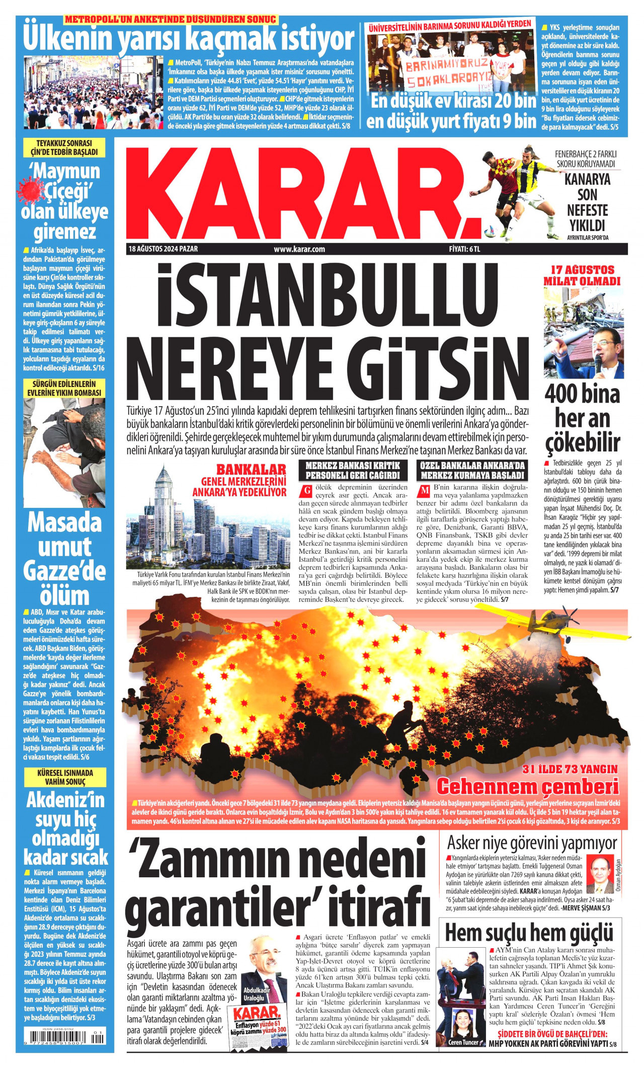 KARAR gazetesinin 18 Ağustos 2024 tarihli birinci sayfası