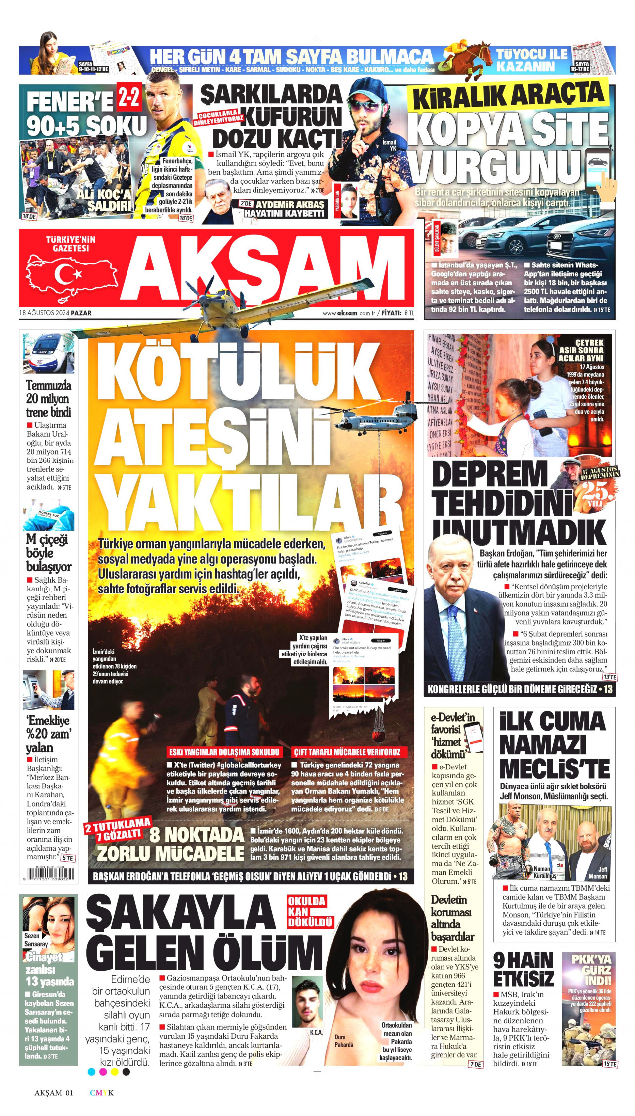 AKŞAM gazetesinin 18 Ağustos 2024 tarihli birinci sayfası