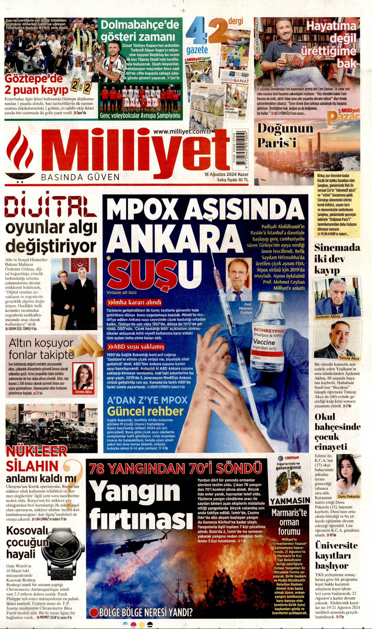 MİLLİYET gazetesinin 18 Ağustos 2024 tarihli birinci sayfası