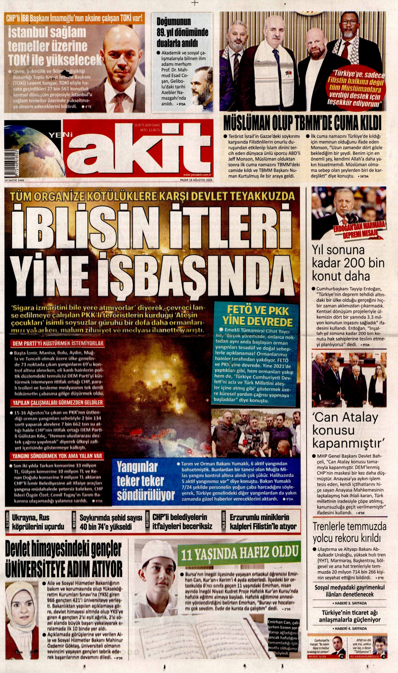 YENİ AKİT gazetesinin 18 Ağustos 2024 tarihli birinci sayfası