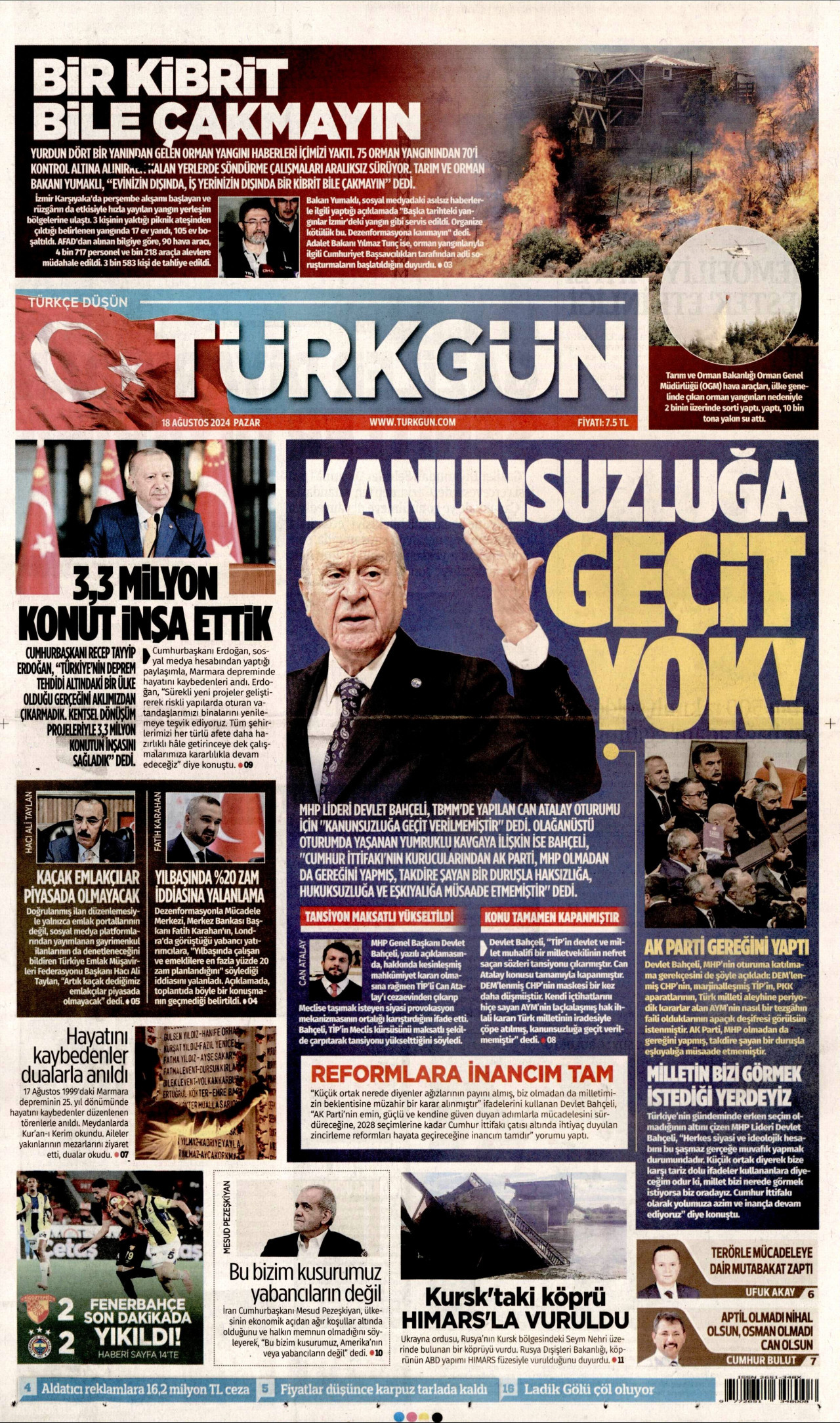 TÜRKGÜN gazetesinin 18 Ağustos 2024 tarihli birinci sayfası