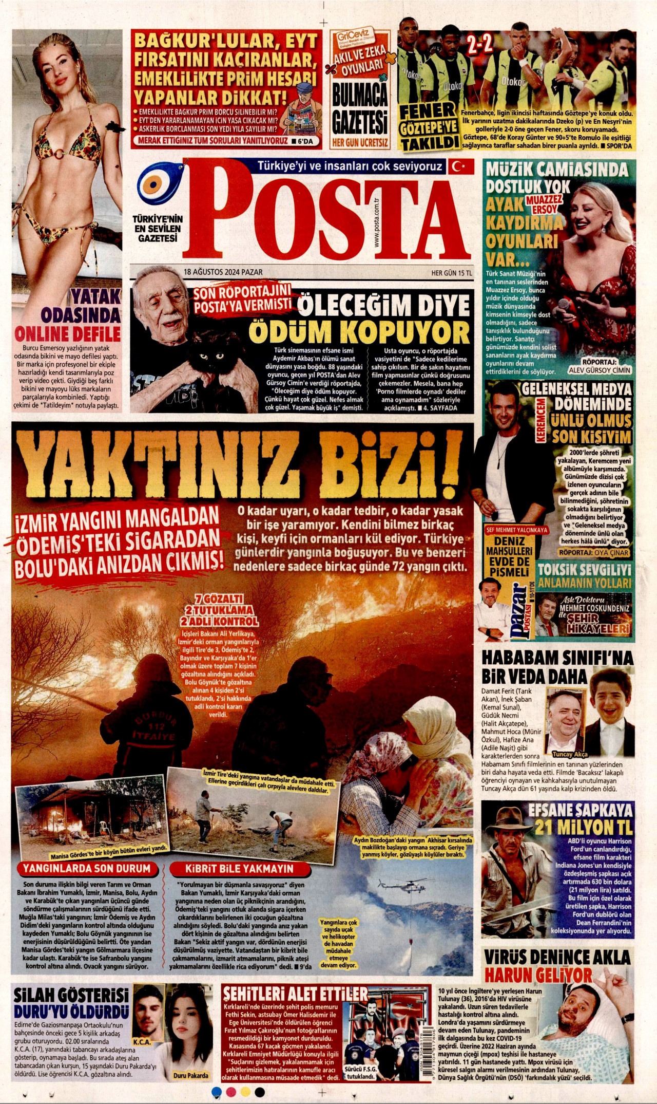 POSTA gazetesinin 18 Ağustos 2024 tarihli birinci sayfası
