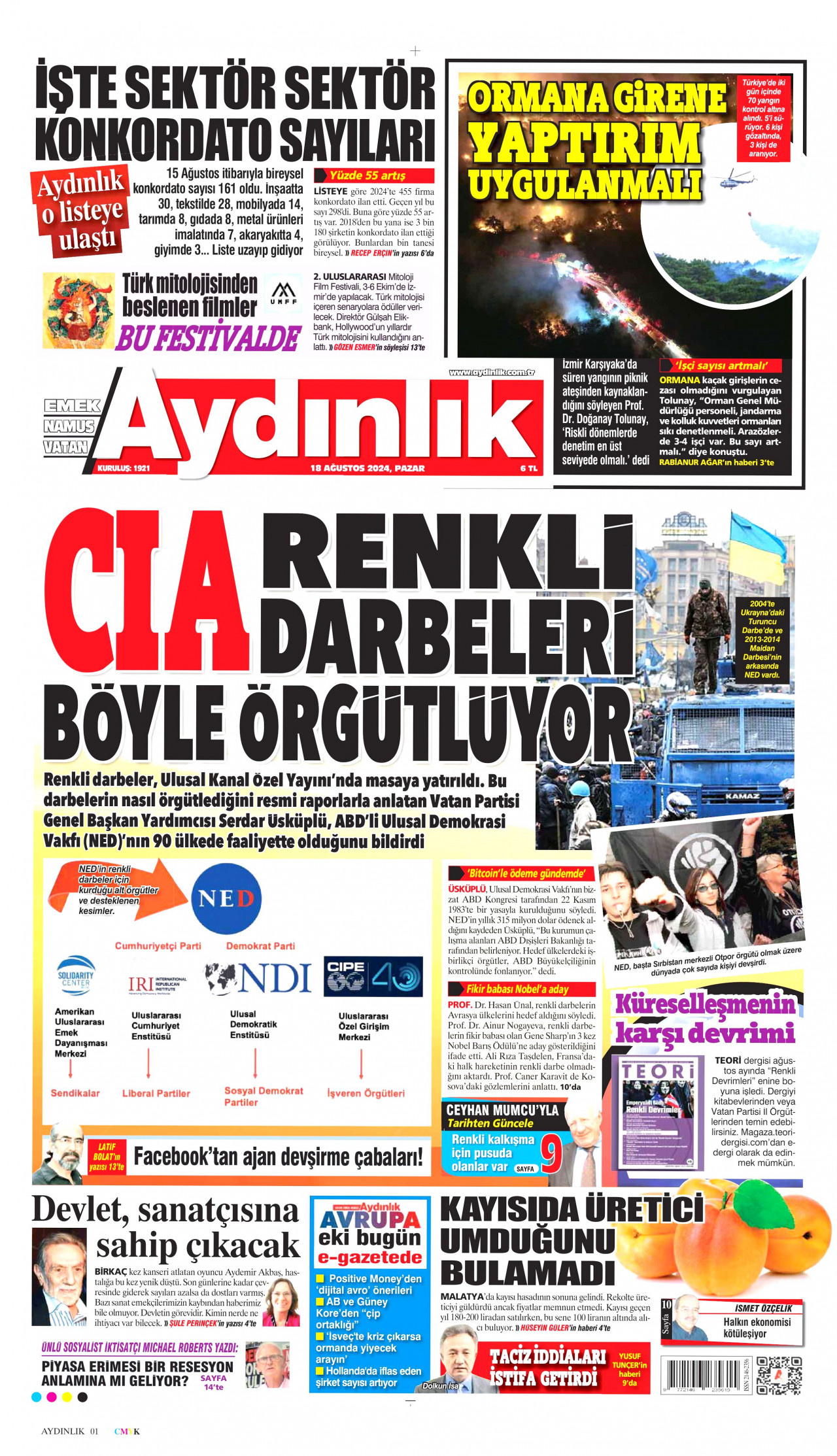 AYDINLIK GAZETESİ gazetesinin 18 Ağustos 2024 tarihli birinci sayfası