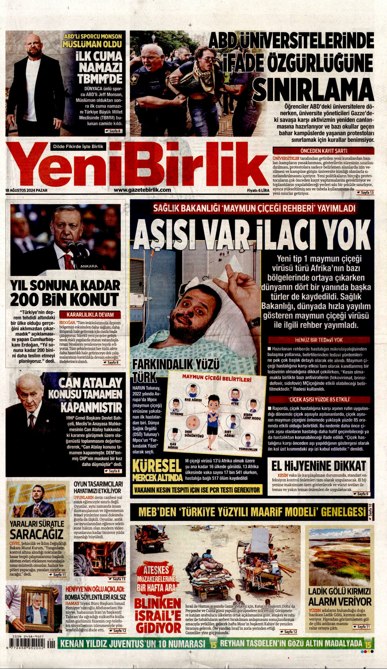 YENİBİRLİK gazetesinin 18 Ağustos 2024 tarihli birinci sayfası