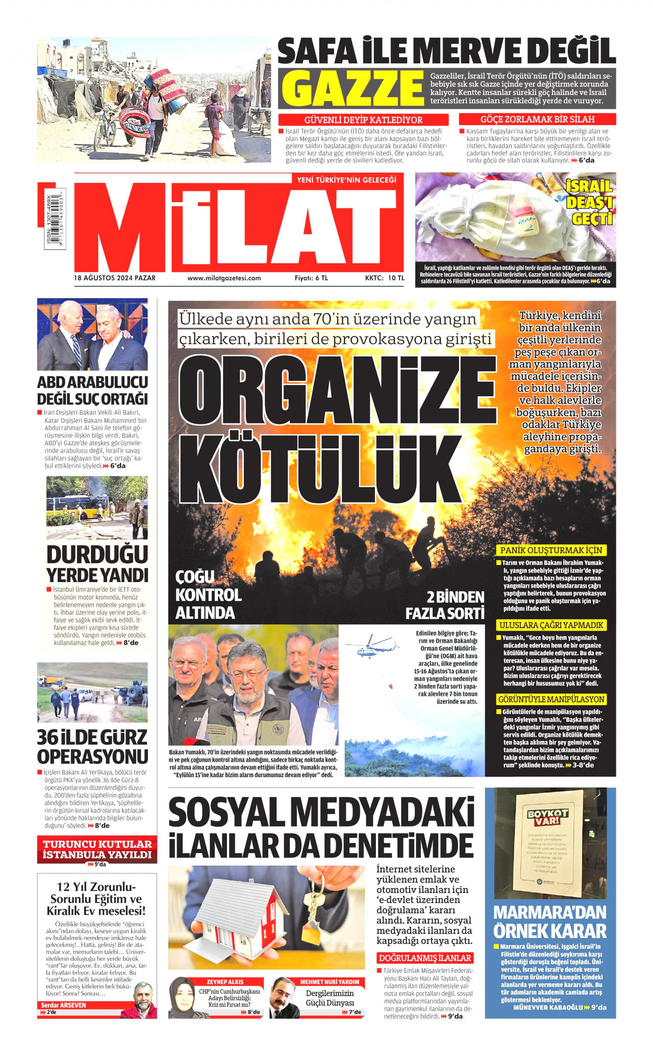 MİLAT gazetesinin 18 Ağustos 2024 tarihli birinci sayfası