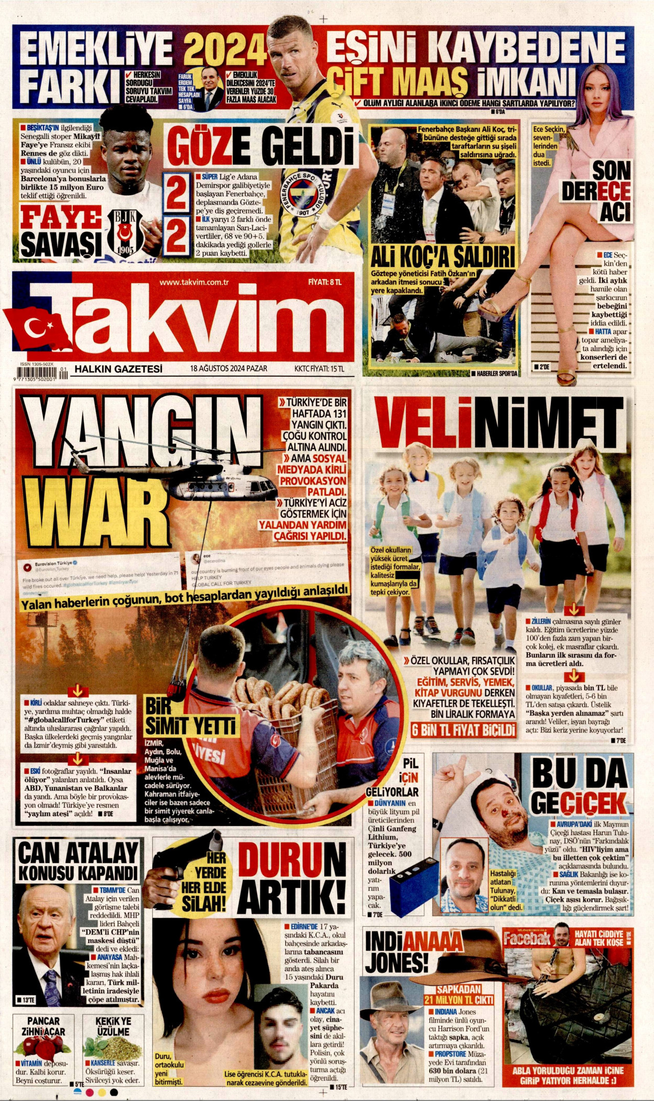 TAKVİM gazetesinin 18 Ağustos 2024 tarihli birinci sayfası