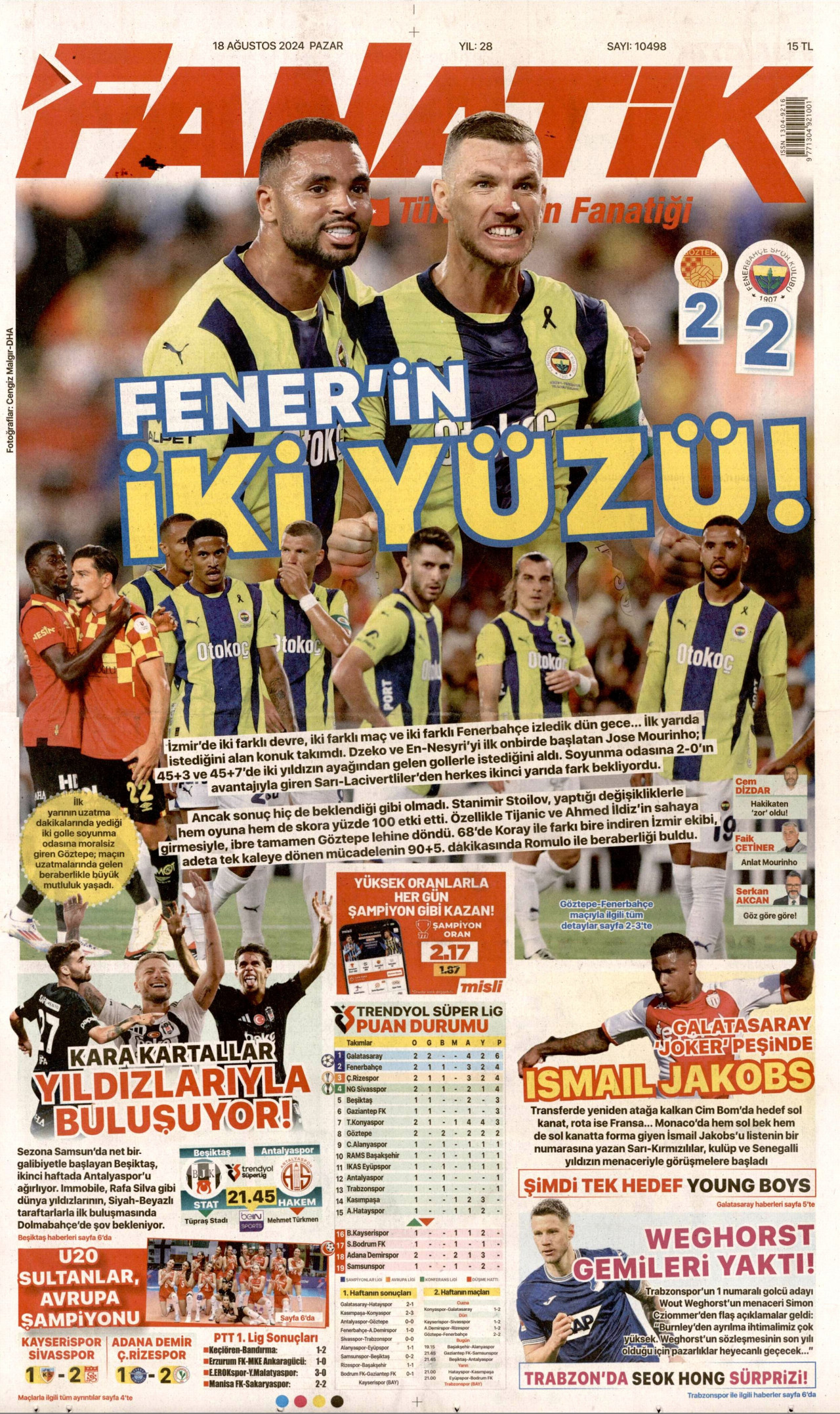 FANATİK gazetesinin 18 Ağustos 2024 tarihli birinci sayfası