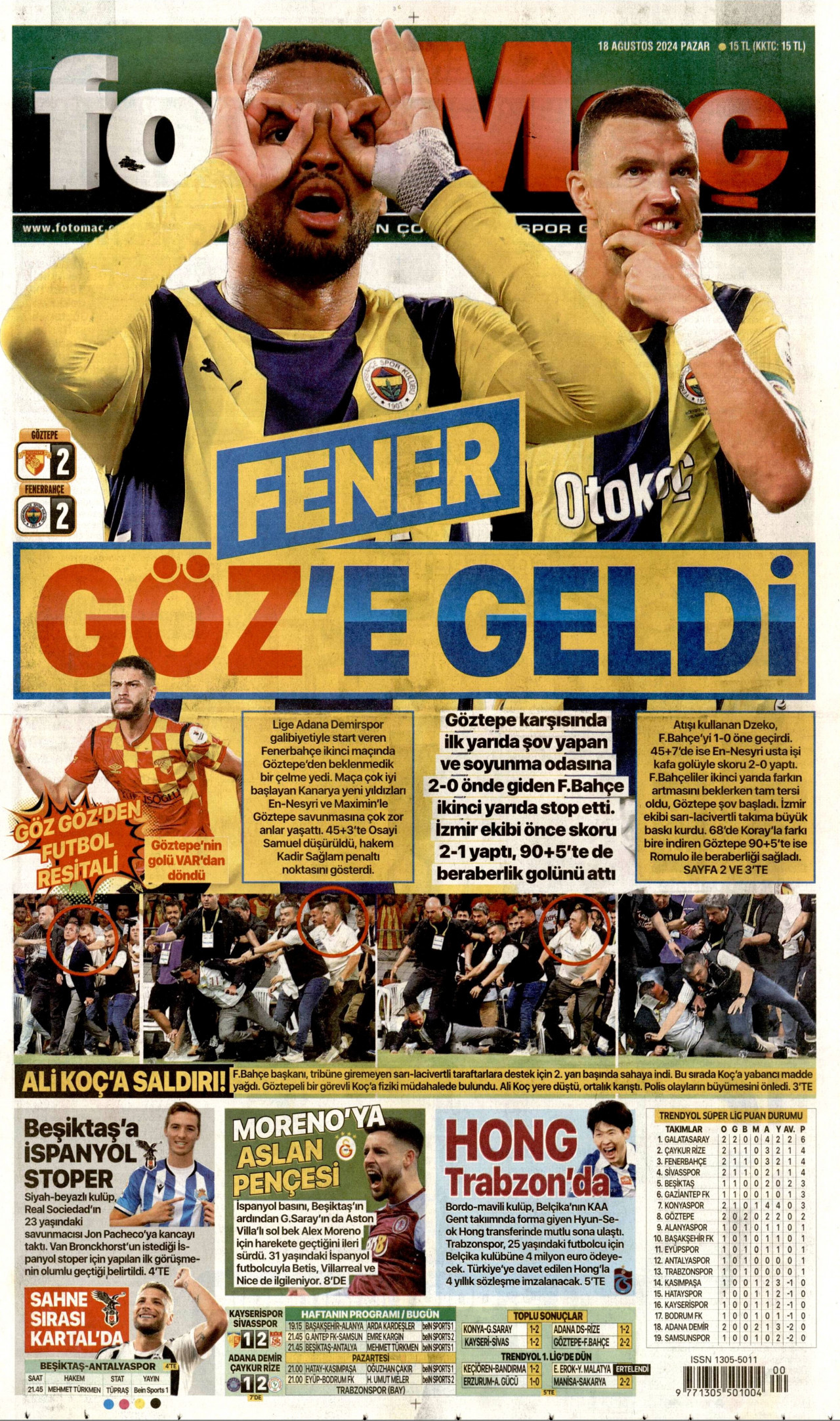 FOTOMAÇ gazetesinin 18 Ağustos 2024 tarihli birinci sayfası